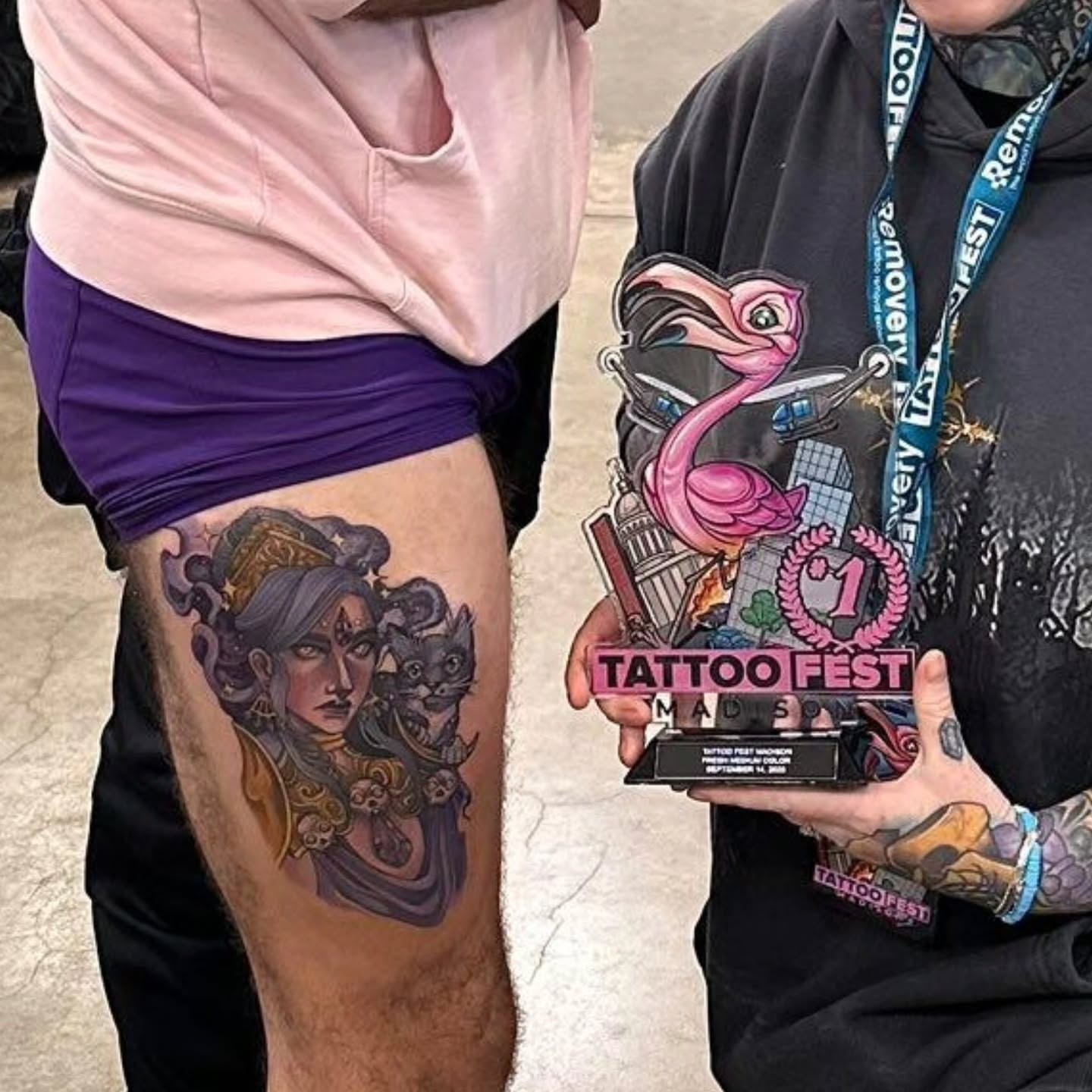 Flamingo and woman American traditional tattoo on the thigh by Jessica Canvas