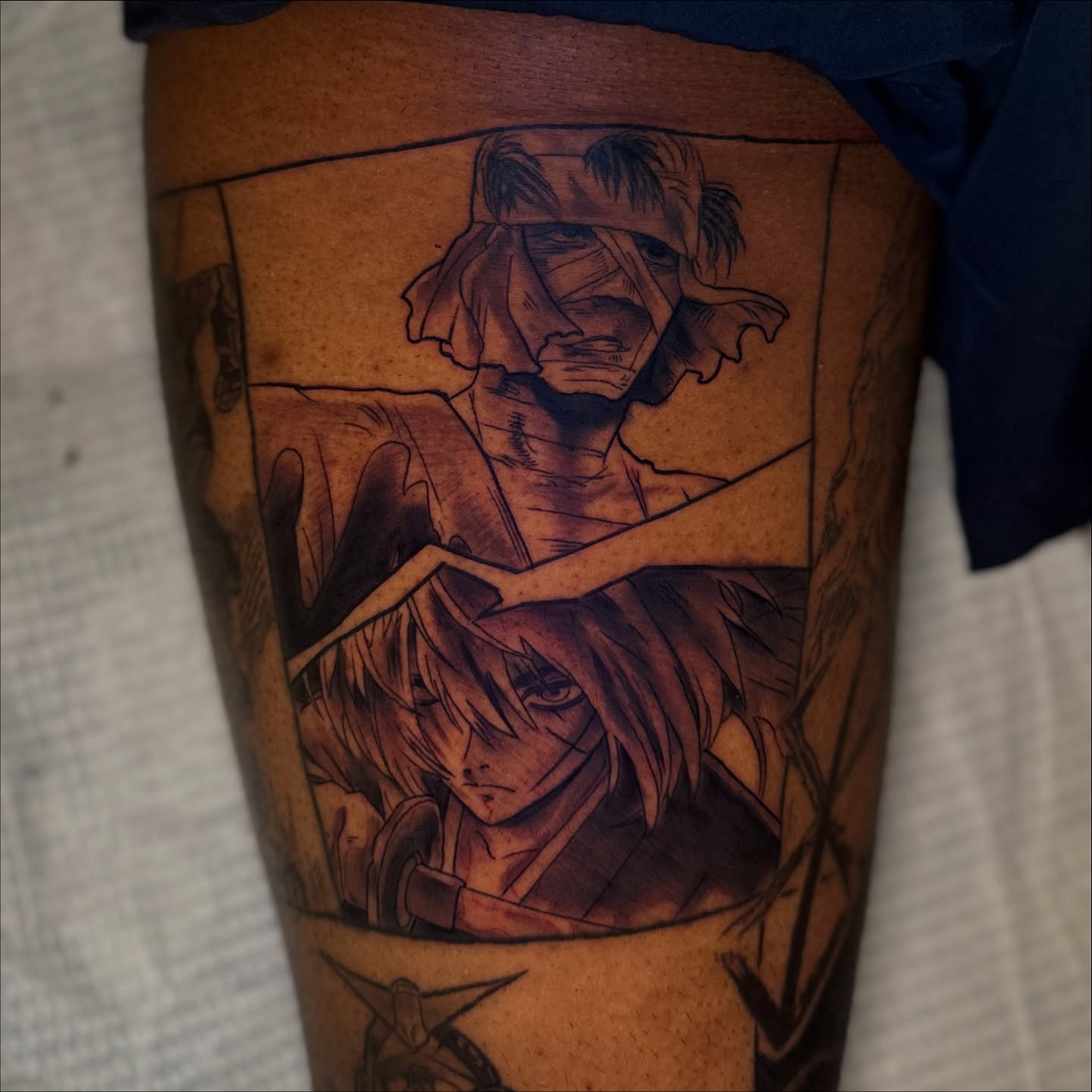 Anime characters anime tattoo on the thigh by Robert Douglas