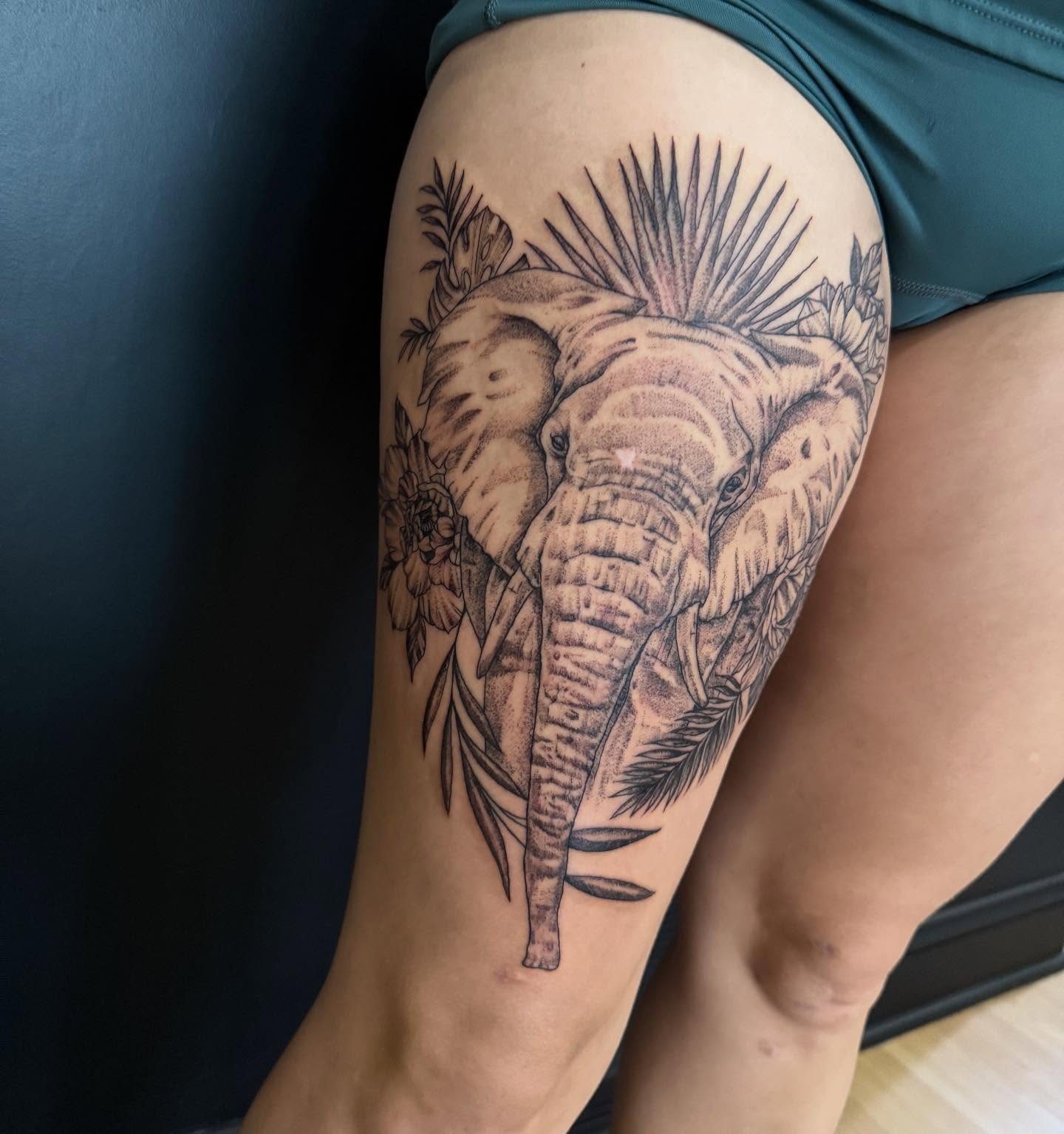 Elephant realism tattoo on the thigh by Tyler Bolton