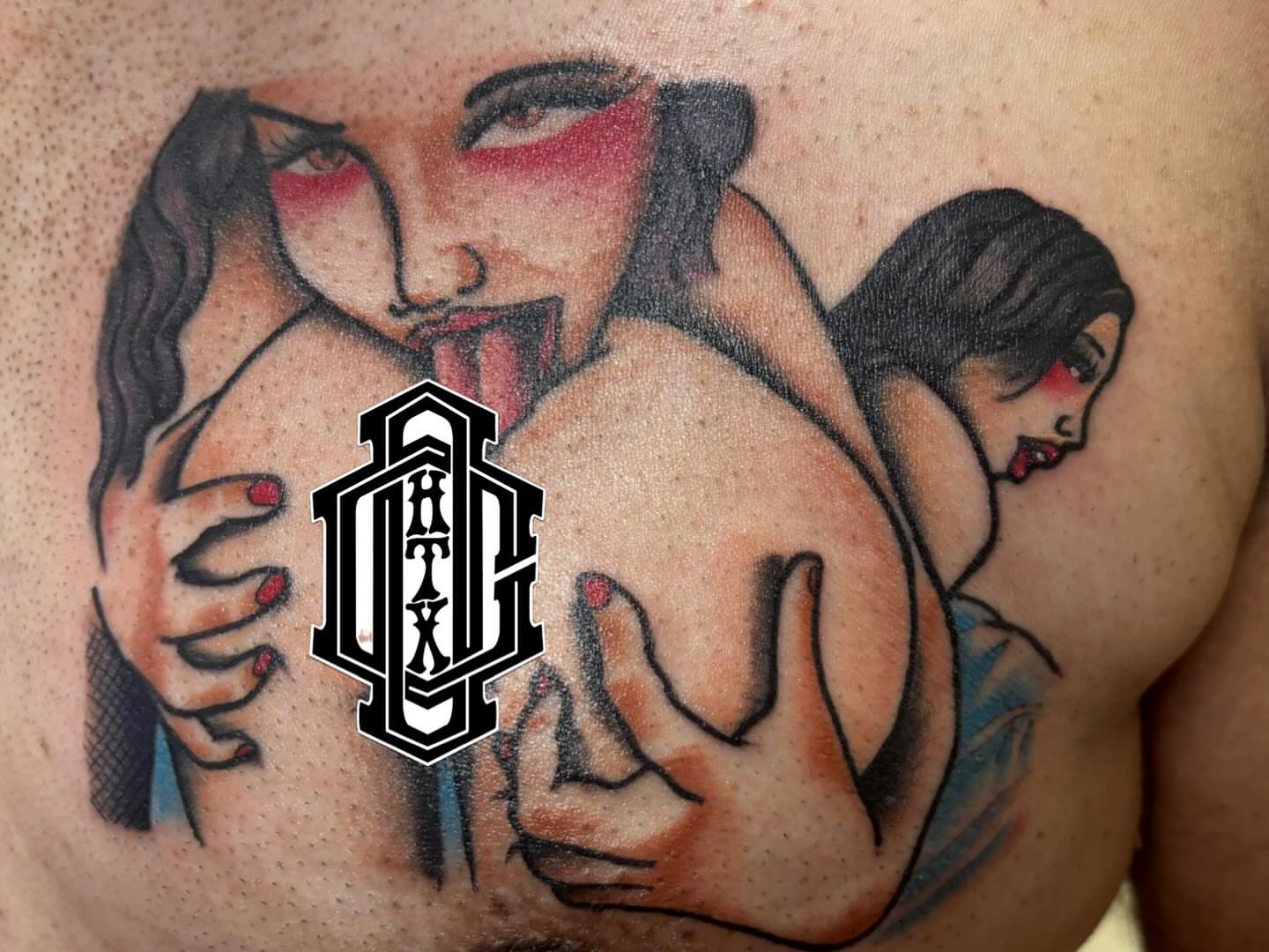Three women American traditional tattoo on the chest by Oscar Cuéllar (Kue-Yar)