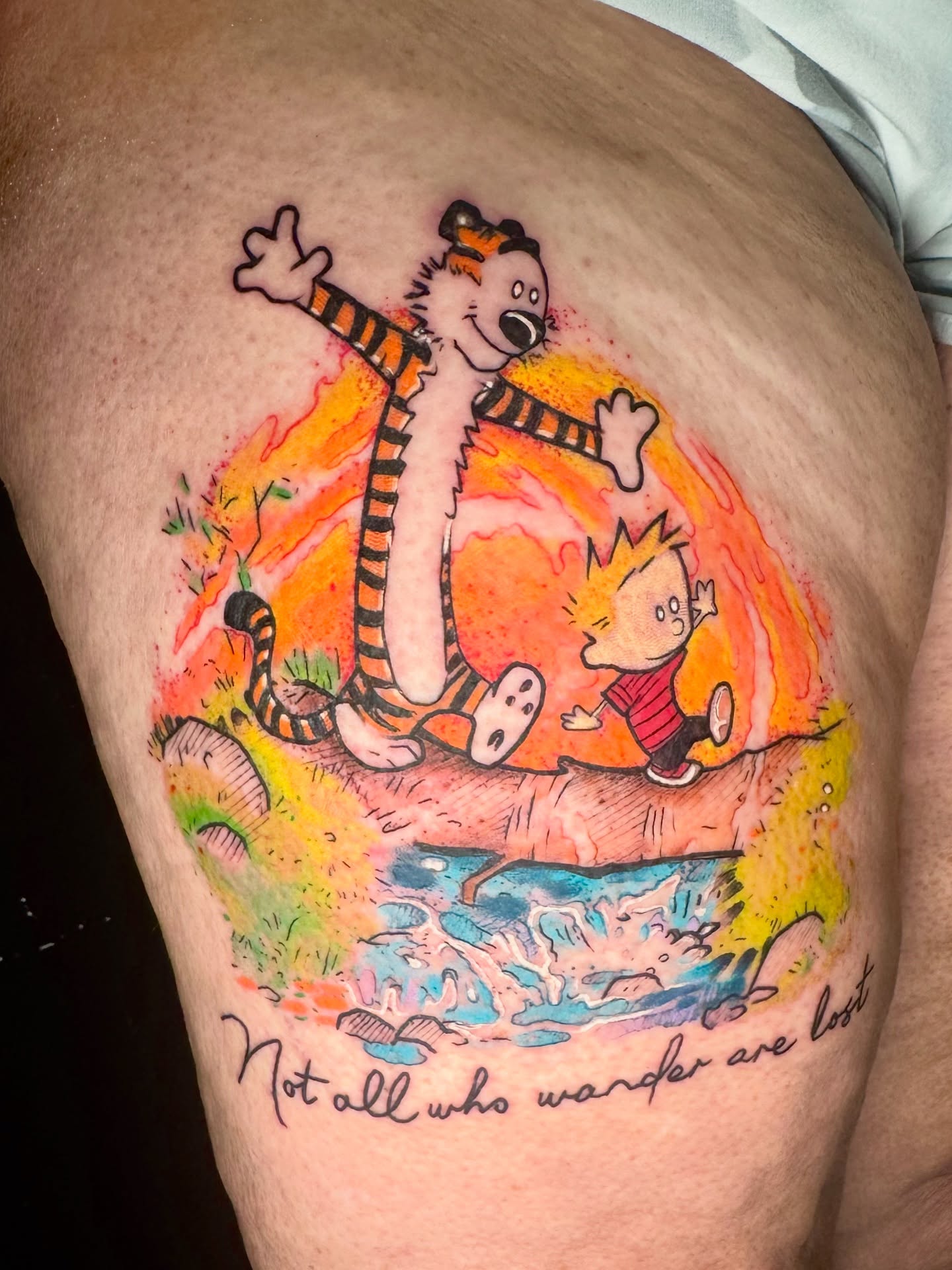 Calvin and Hobbes dotwork tattoo on the thigh by Kevin A. Salinas ๐จ๐ด, Houston, Texas