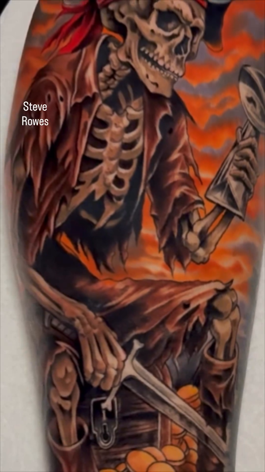 Pirate skeleton with treasure realism tattoo on the forearm by Steve Rowes, Fontana, California