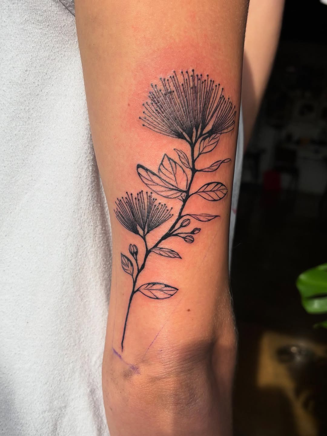 Flower branch fine line tattoo on the forearm by Anna Kathleen, Des Moines, Iowa