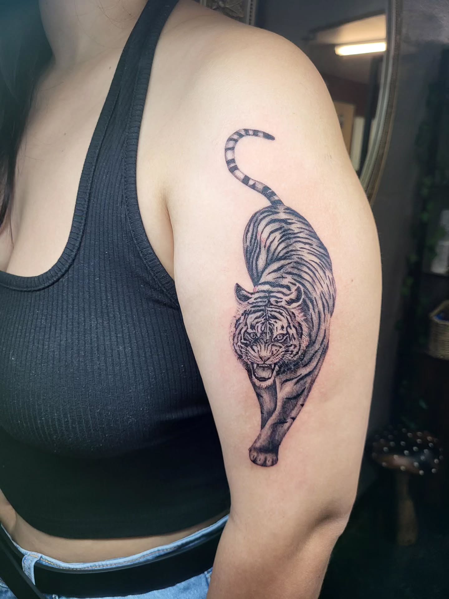 Tiger realism tattoo on the shoulder by Jenna 🖤 Tattoos Denton TX