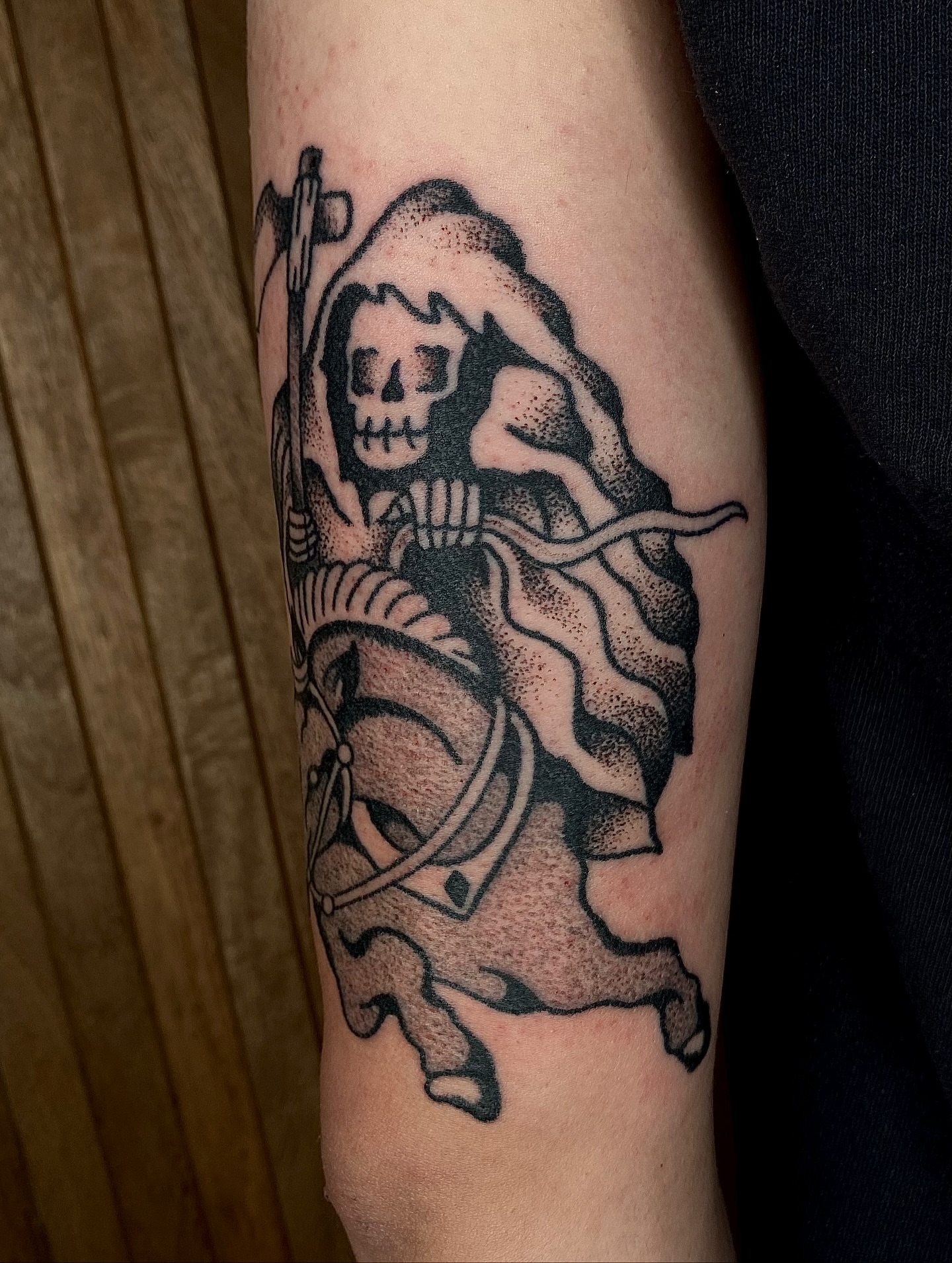 Reaper dotwork tattoo on the forearm by Daniel Diego