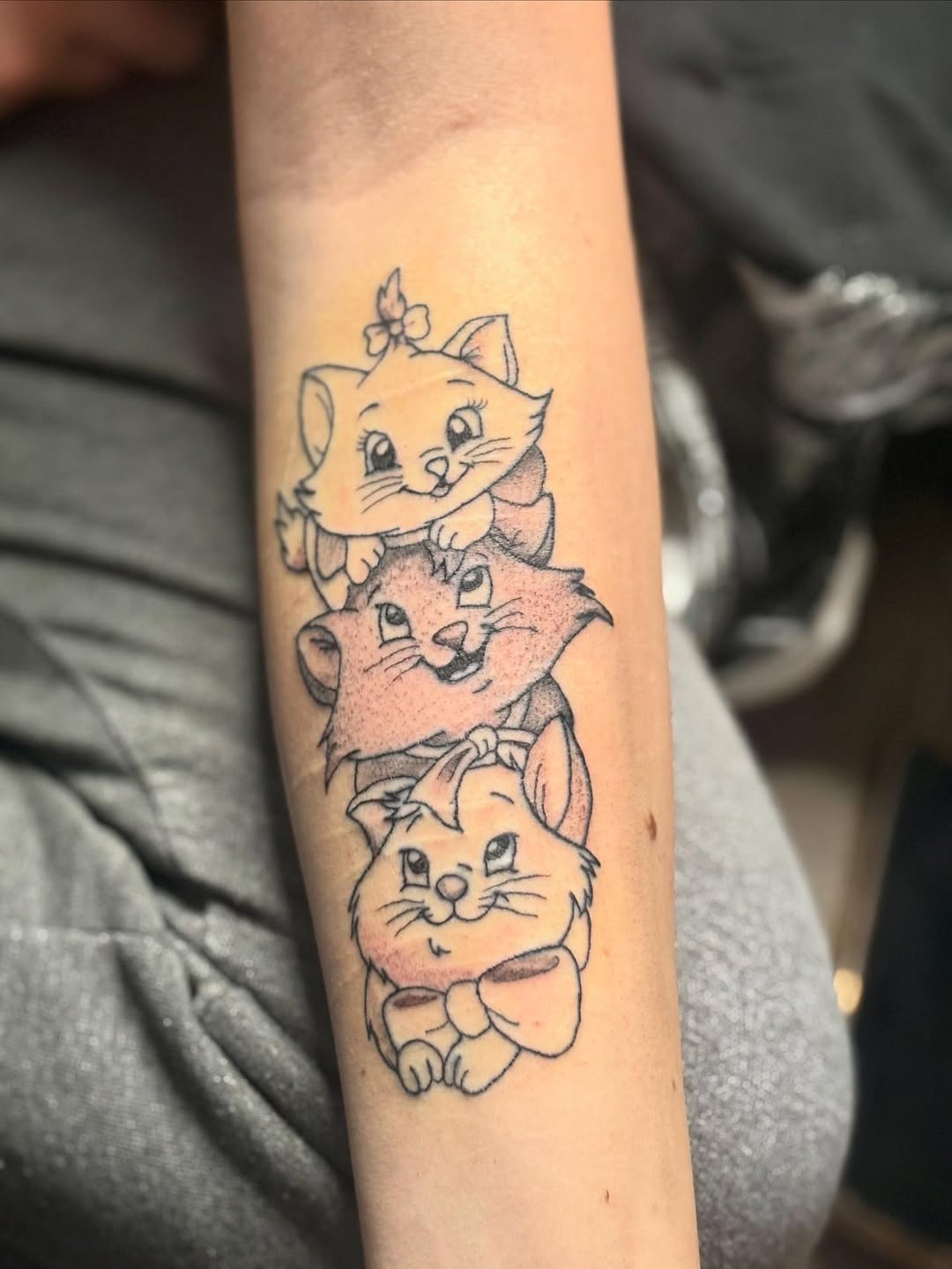 Three cats stacked realism tattoo on the forearm by sams tattoos