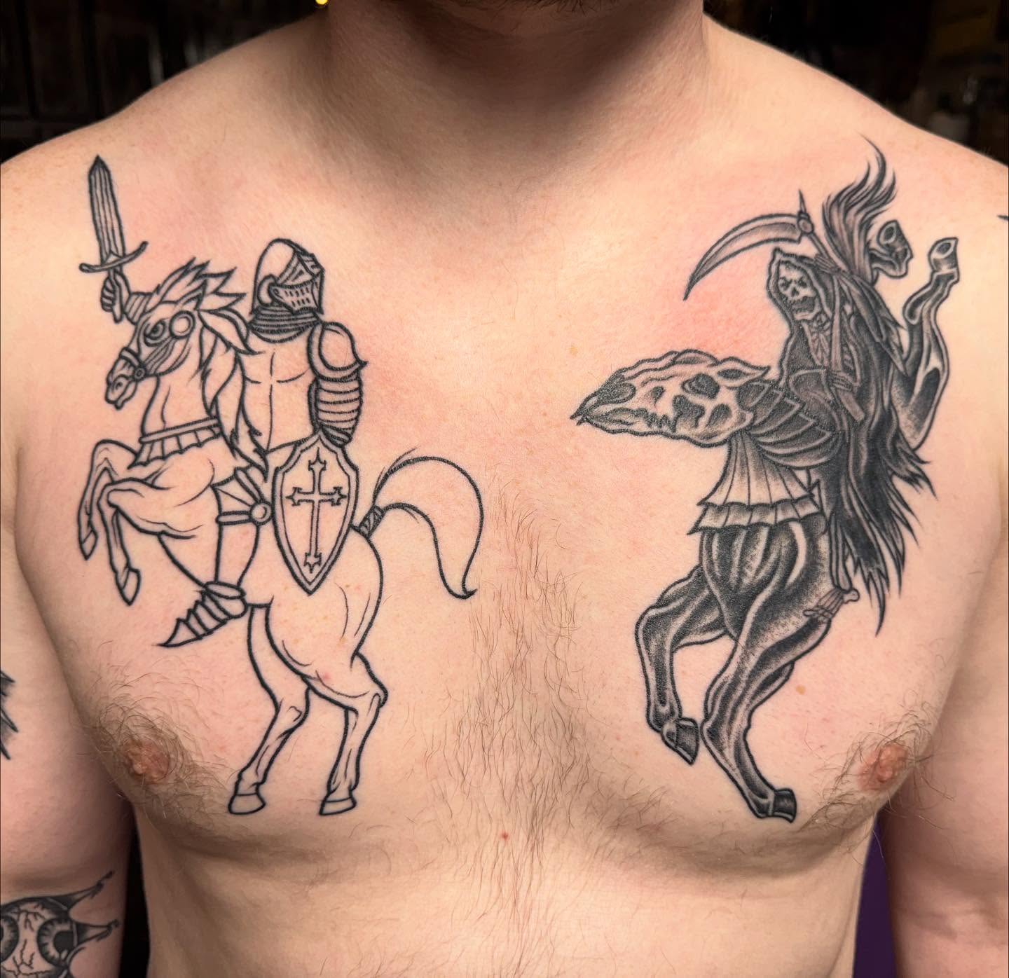 Knight and grim reaper black and grey tattoo on the chest by Justina🪐