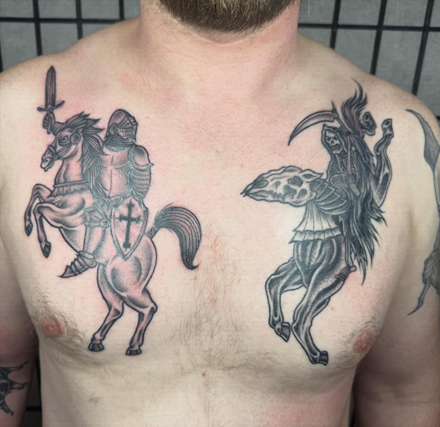Horseman and grim reaper realism tattoo on the chest by Justina🪐