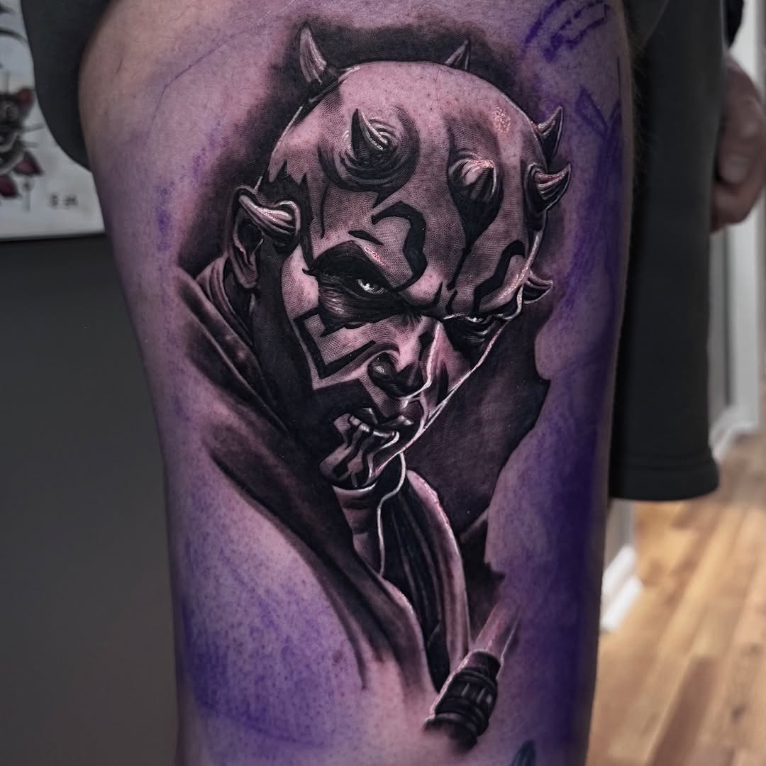 Darth Maul portrait realism tattoo on the forearm by Jake Fujimura