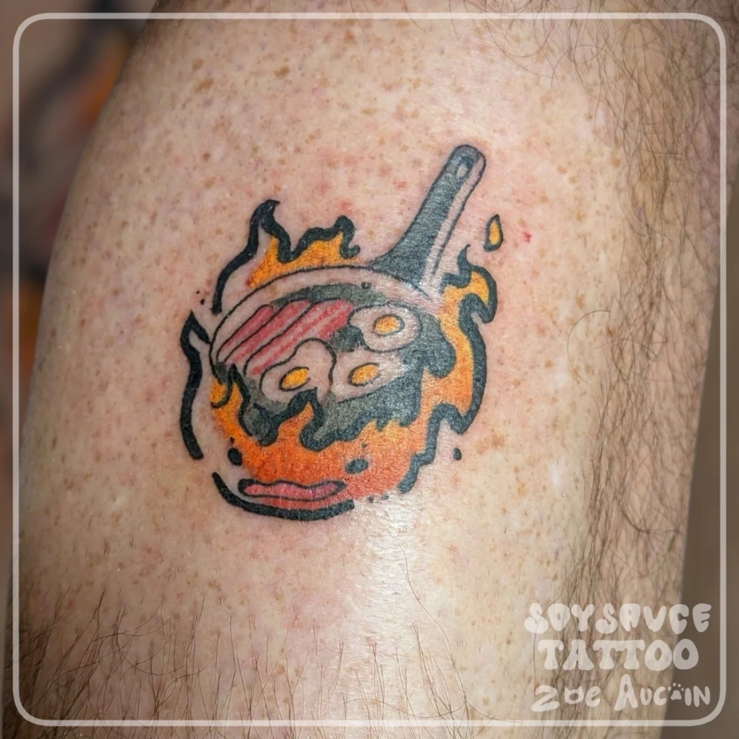 Breakfast new school tattoo on the thigh by Zoe Aucoin