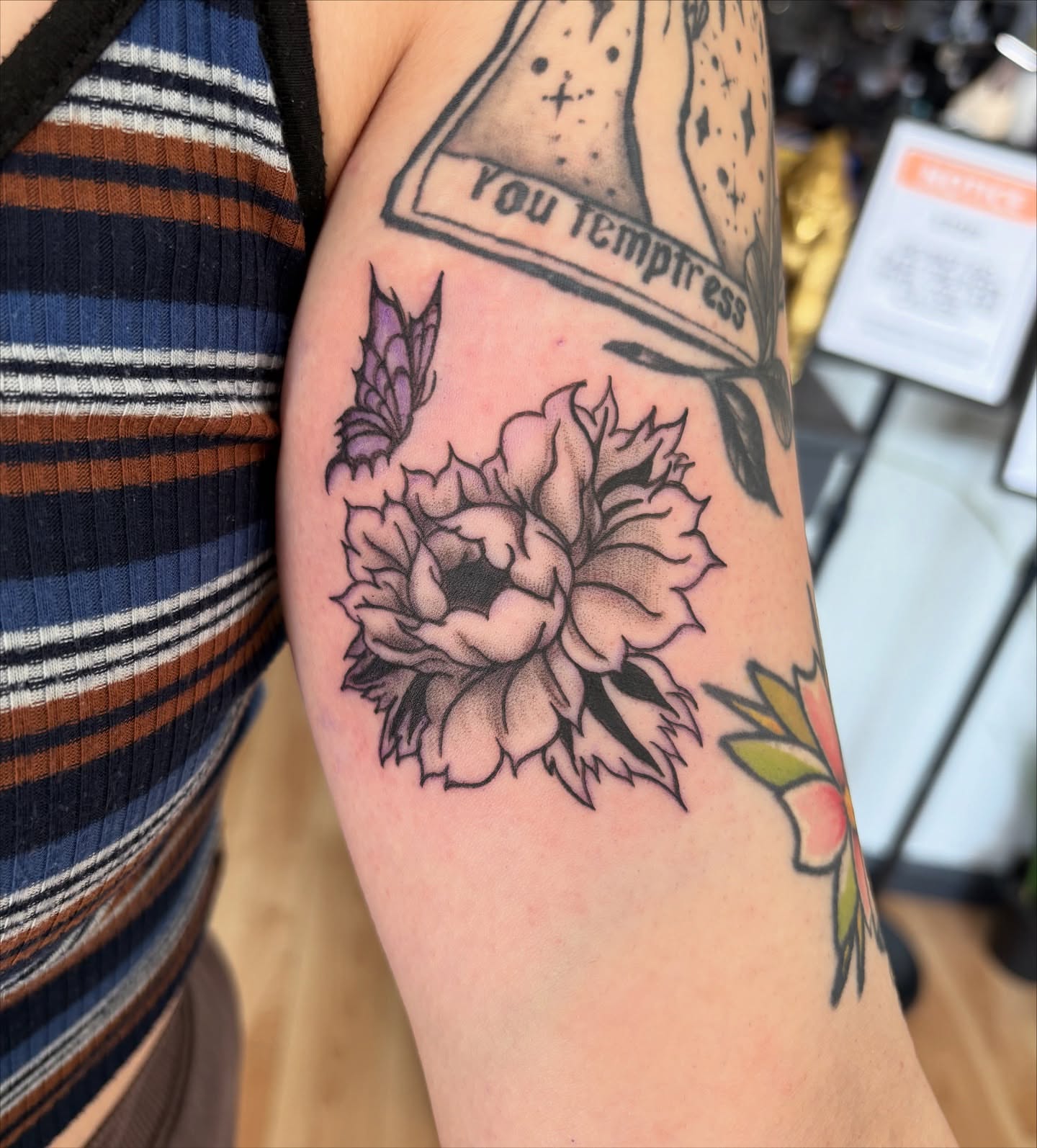 Peony flower black and grey tattoo on the forearm by Tori Anderson, Minneapolis, Minnesota