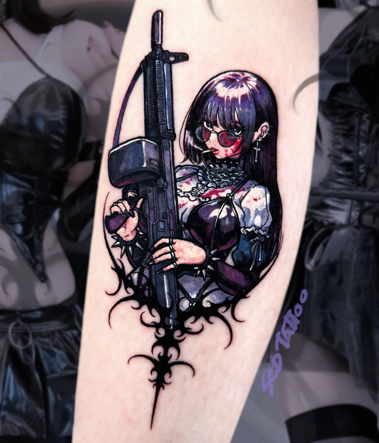 Anime character with gun anime tattoo on the forearm by Sed