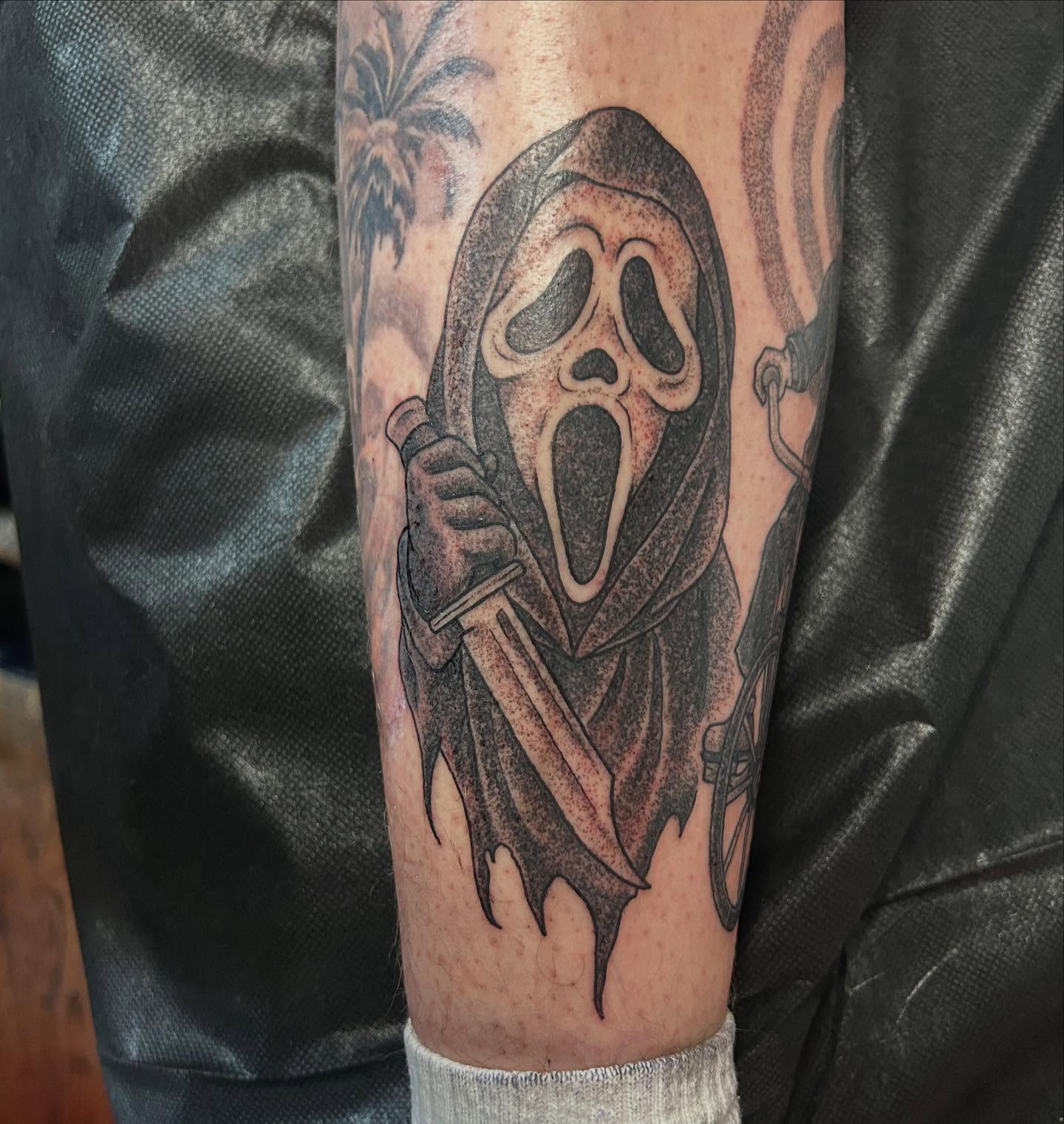 Ghostface from Scream realism tattoo on the forearm by Jaime Gaiti
