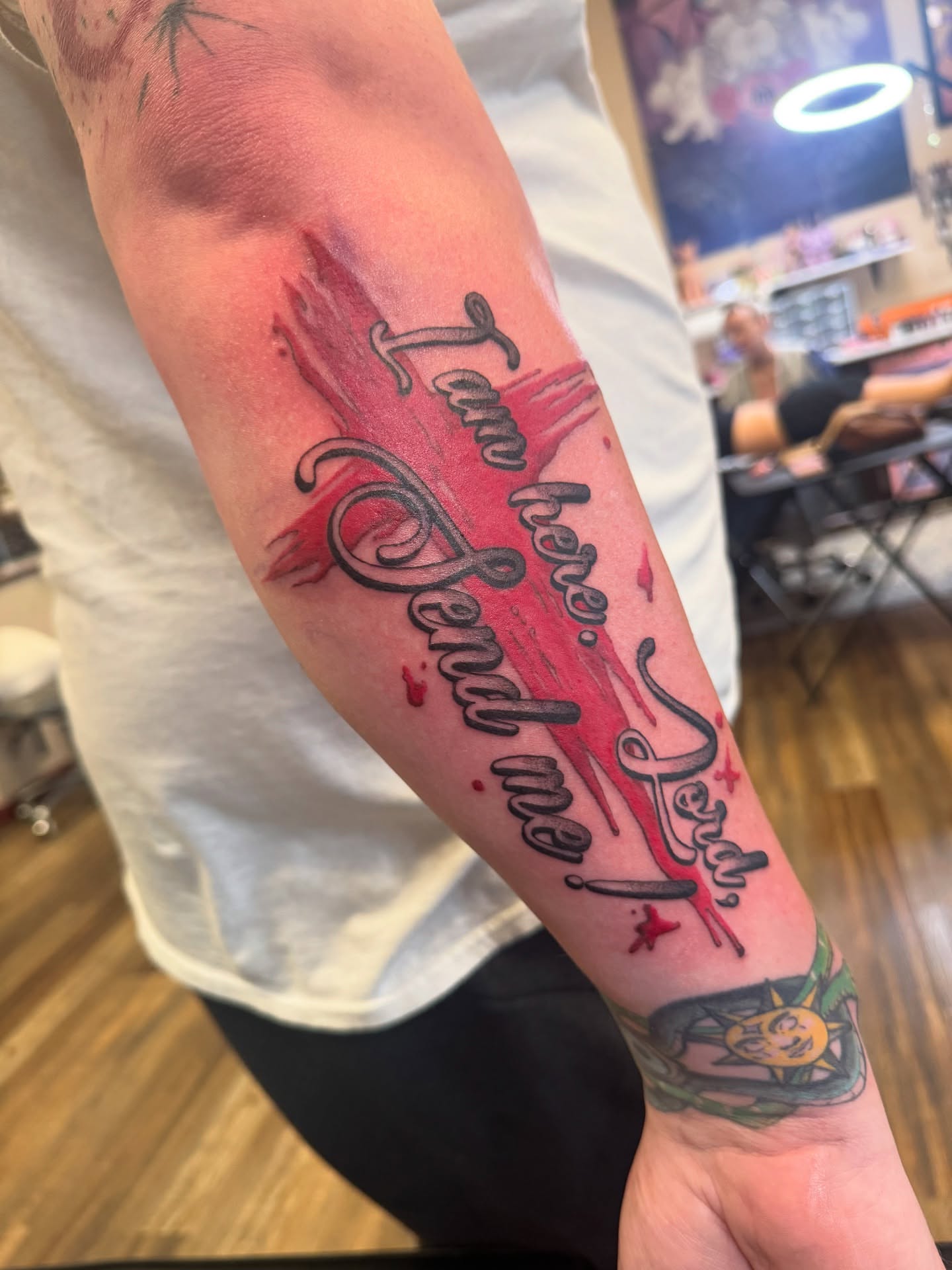 I am here. Send me lettering script tattoo on the forearm by Erin Moore