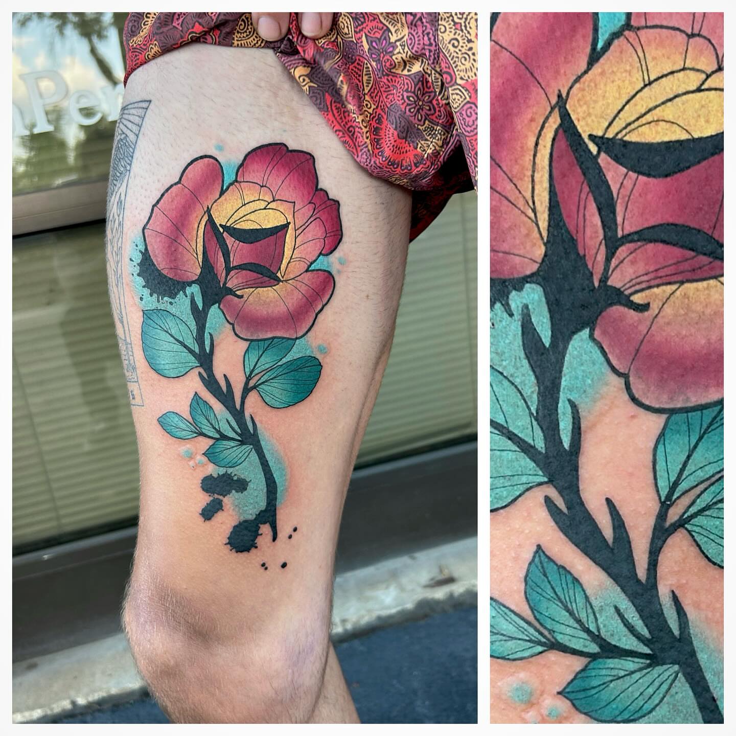 Rose watercolor tattoo on the thigh by Steve Hooker