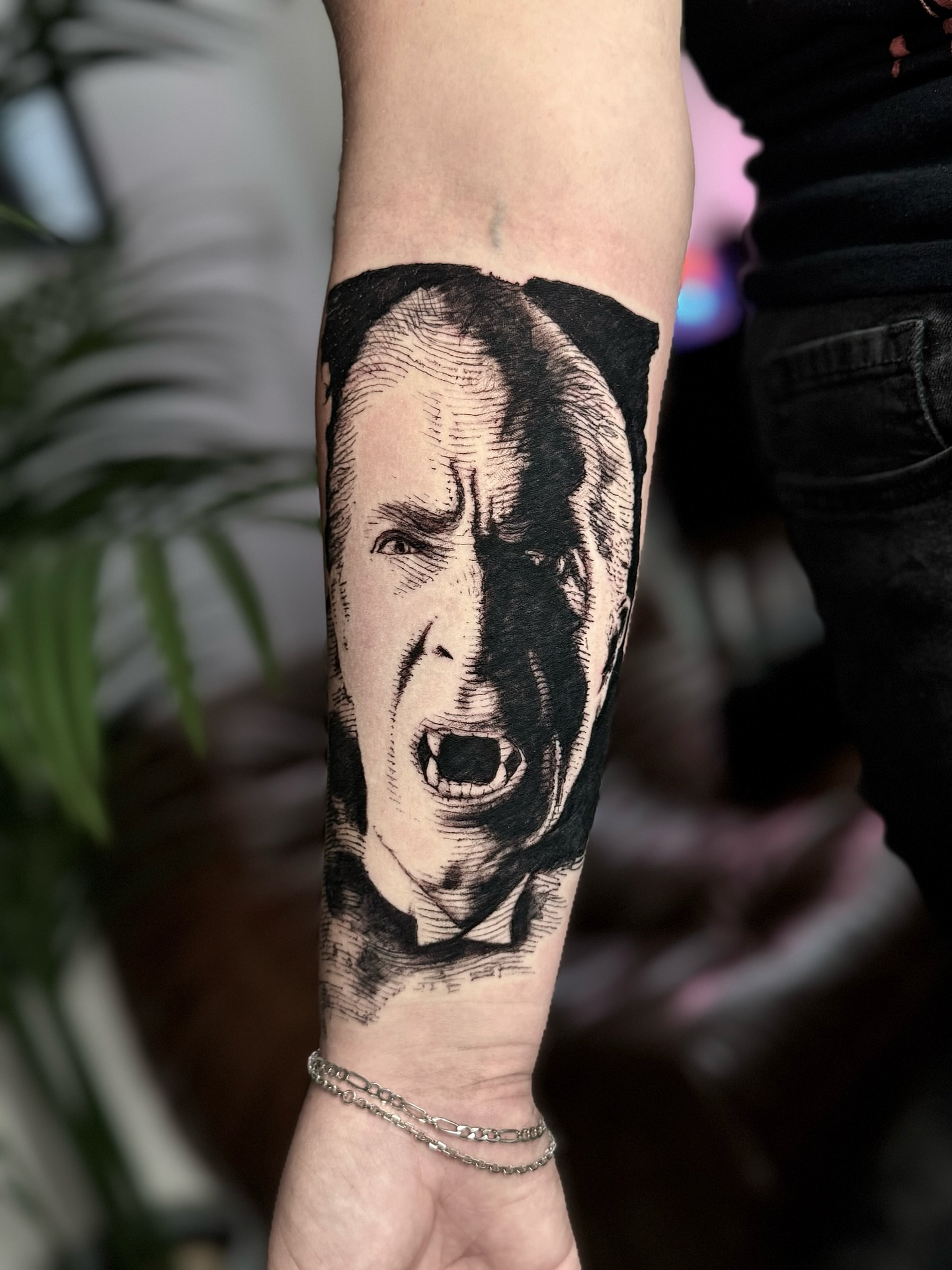 Angry man realism tattoo on the forearm by Bwk Dark Art