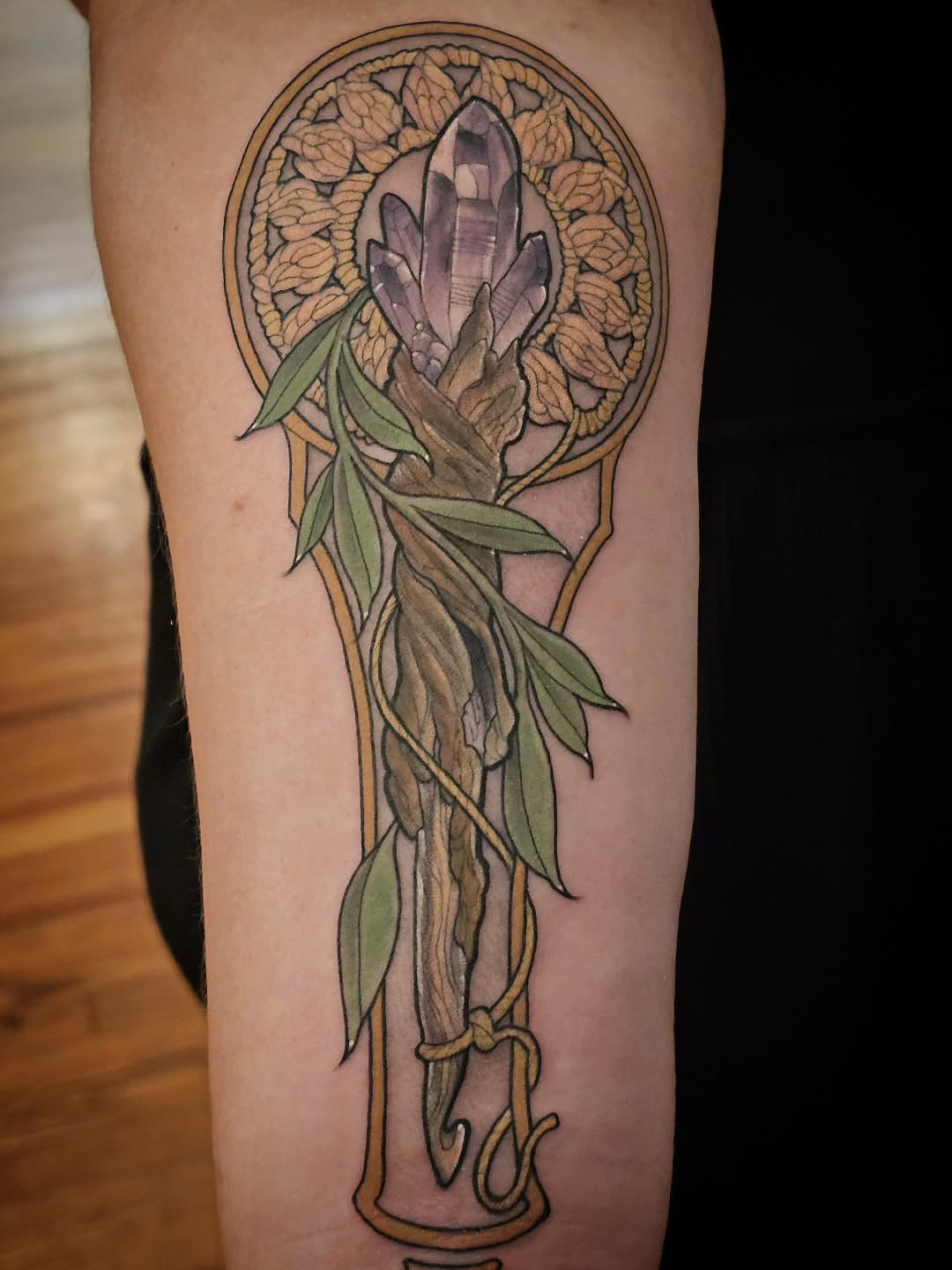 Quartz crystal and plant new school tattoo on the forearm by Robert Kraiza - Philadelphia Tattoo Artist