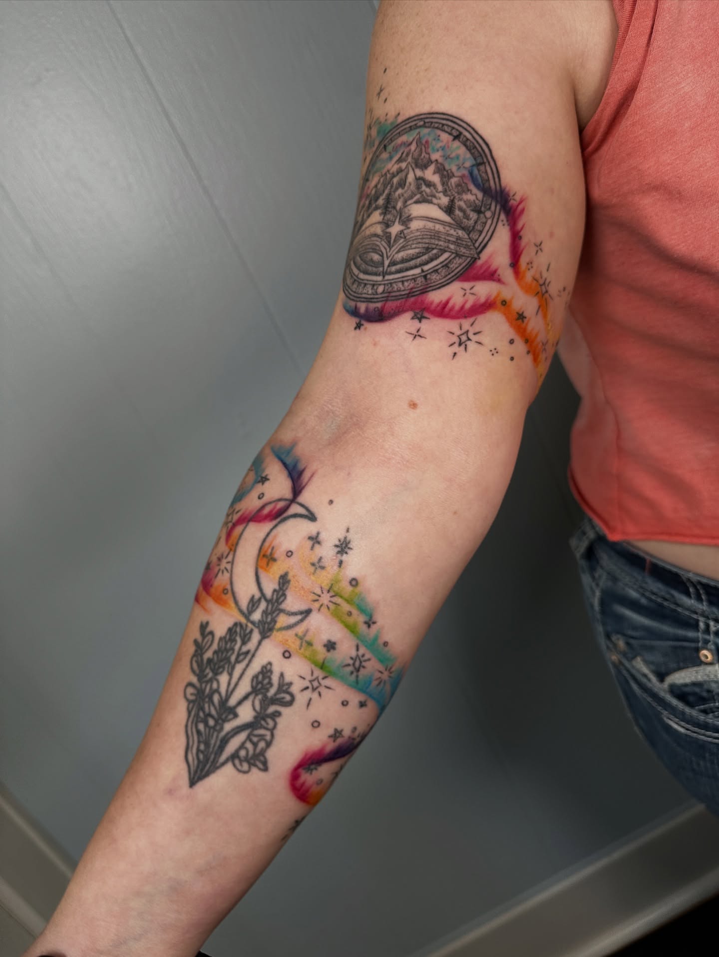 Tattoo by @vixx_stixx_tattoo — watercolor, dotwork