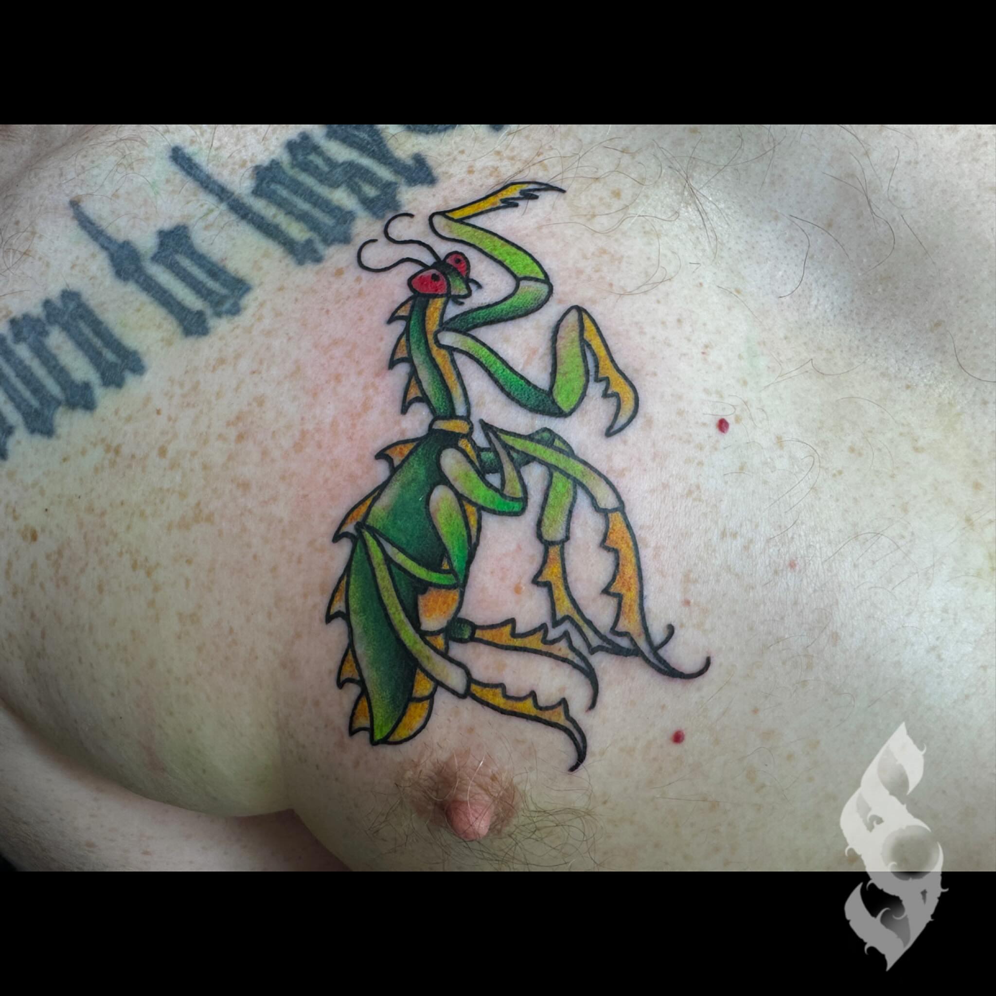 Praying mantis American traditional tattoo on the torso by Amanda Stampfly