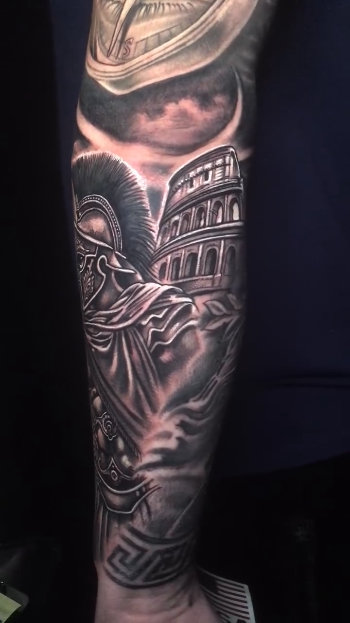 Roman soldier and Colosseum realism tattoo by Jose Calderon