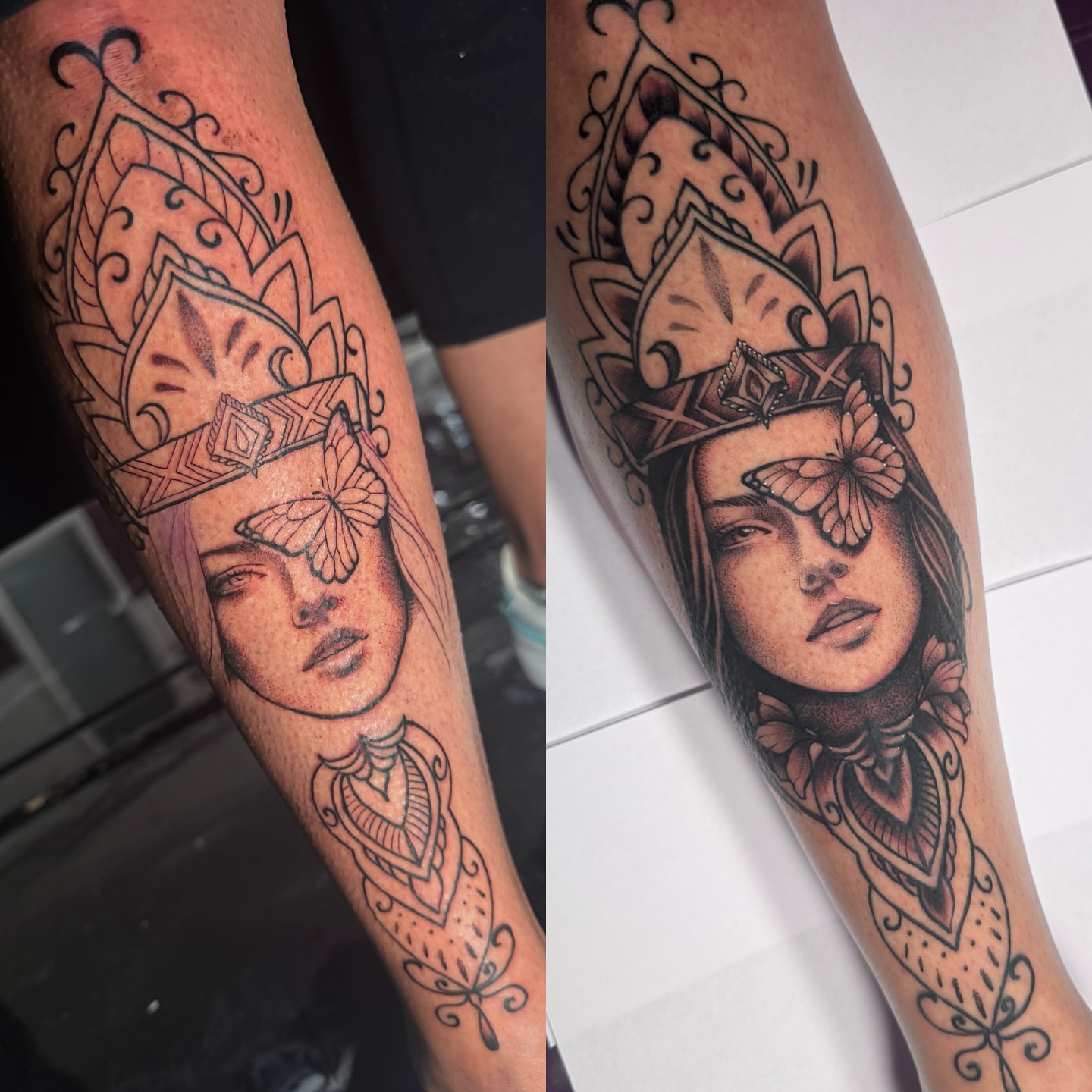 Woman with crown realism tattoo on the forearm by Dante Singh