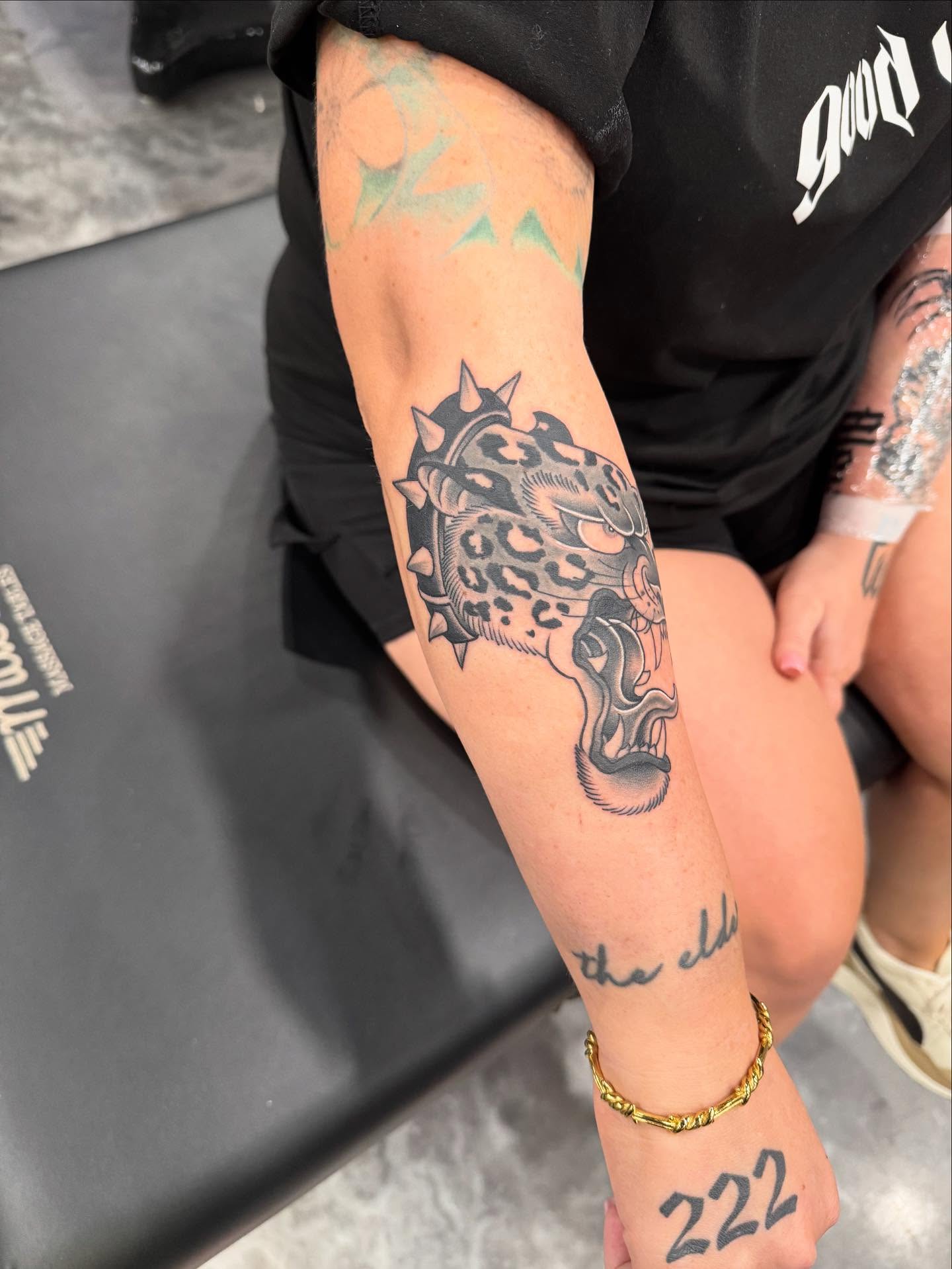 Lion black and grey tattoo on the forearm by Jay Espinoza-AZ Tattooer