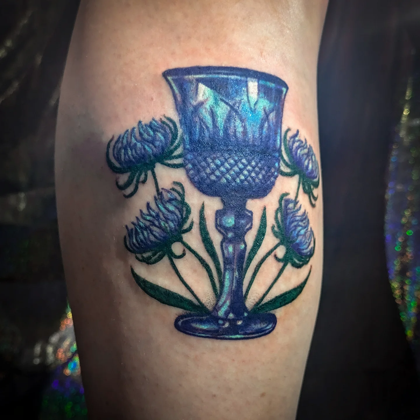 Thistle chalice new school tattoo on the forearm by Miranda Gilvarry - Thin Skin Tattoos, Salt Lake City, Utah