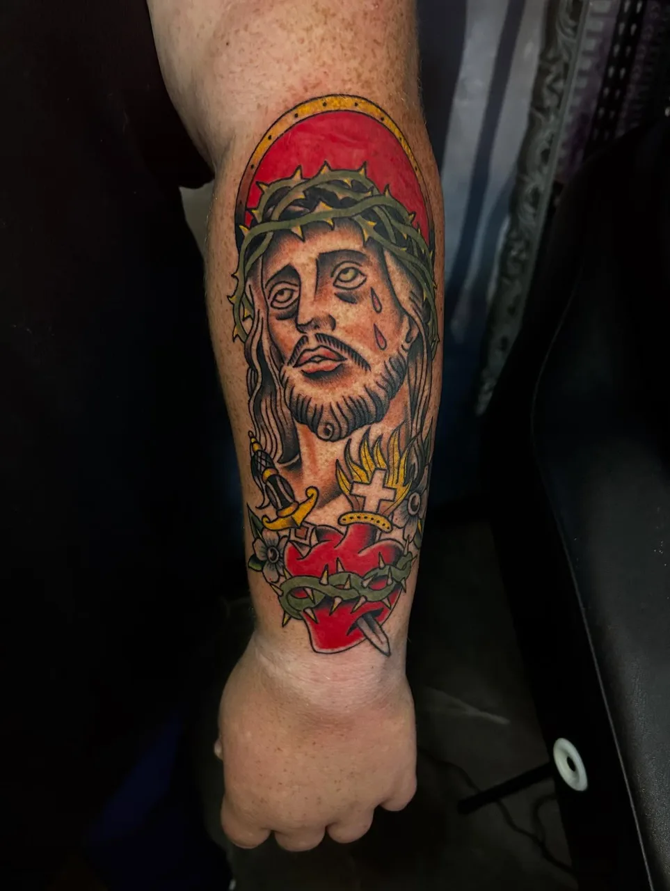 Jesus Christ realism tattoo on the forearm by Dylan Stevens