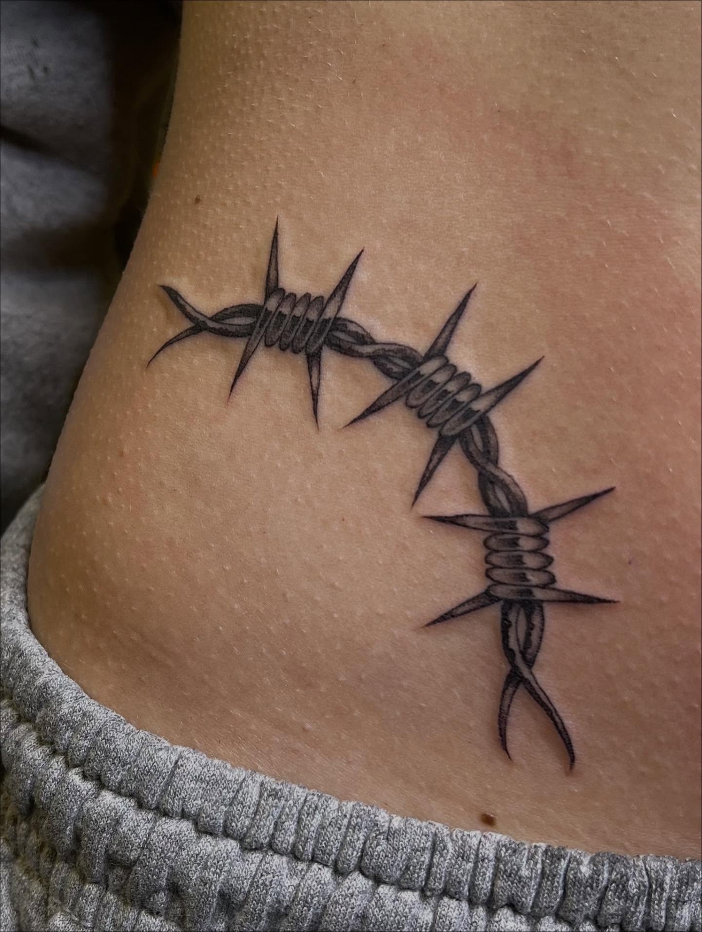 Barbed wire black and grey tattoo on the thigh by ⛓ Emily ⚔️ Milja ⛓