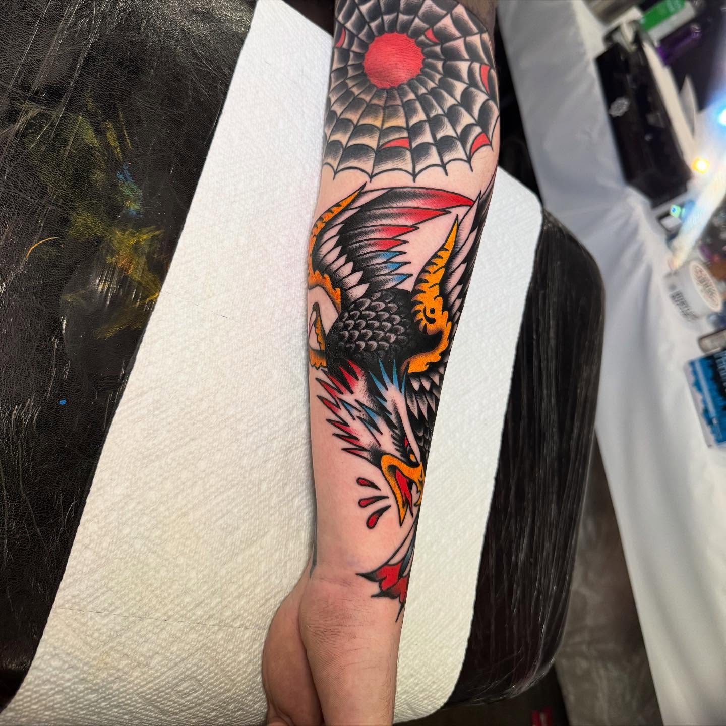 Eagle American traditional tattoo on the forearm by Nate Masi