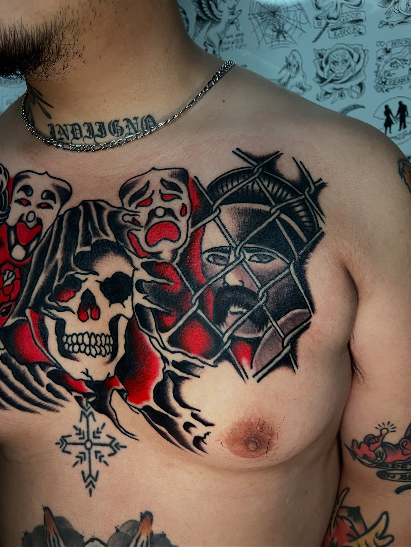 Skull and cage neo-traditional tattoo on the chest by Nestor Zelaya