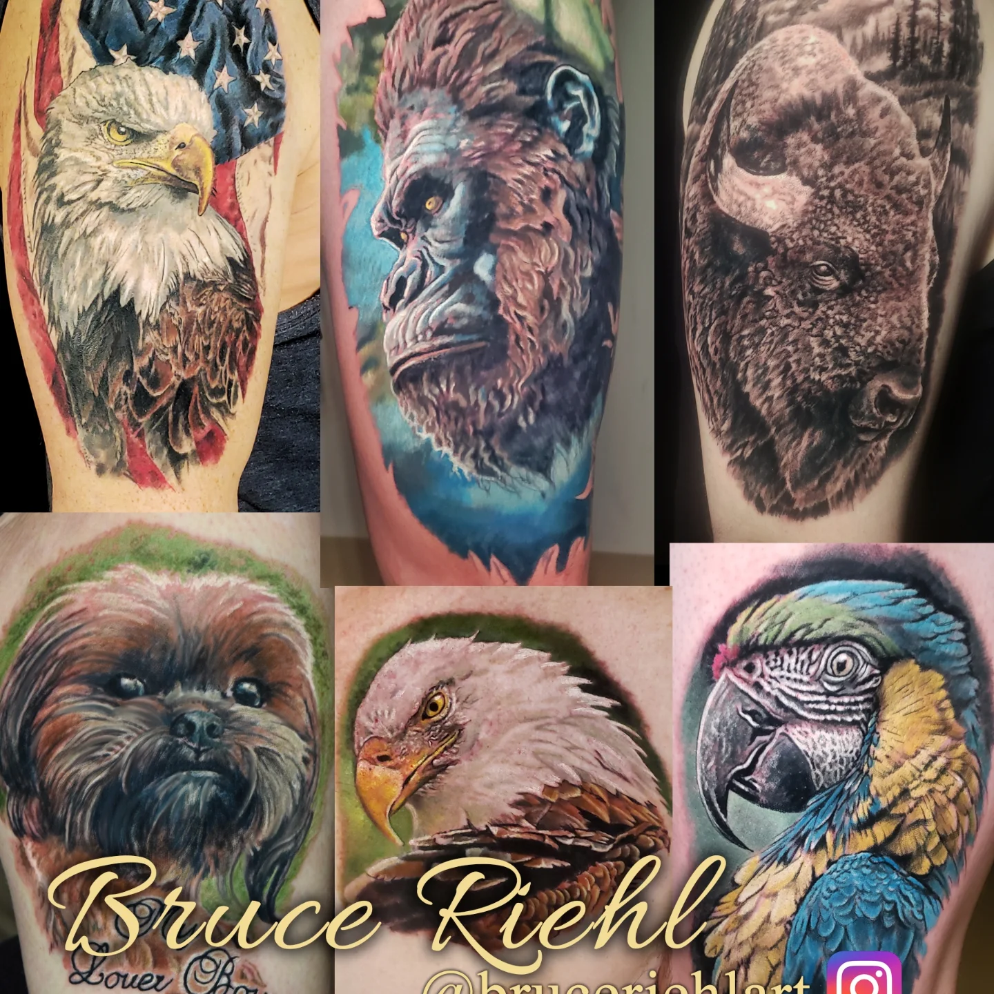 Animal portraits realism tattoo on the upper arm by Bruce Riehl