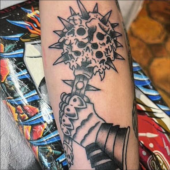 Spiked mace black and grey tattoo on the forearm by Cam TallBoy SLC Tattoo Artist, Salt Lake City, Utah