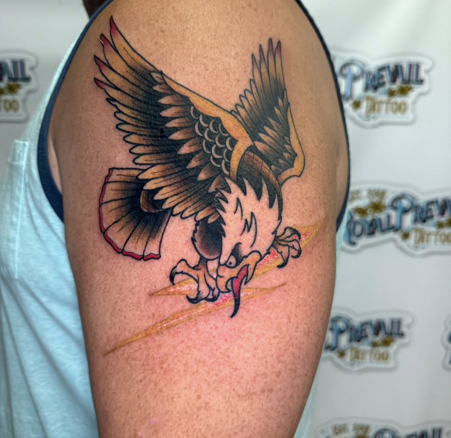 Eagle realism tattoo on the shoulder by Paul Calhoun Tattoos, Englewood, Ohio