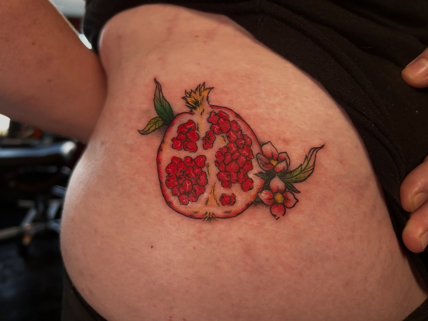 Pomegranate dotwork tattoo on the thigh by King By Trade 👑