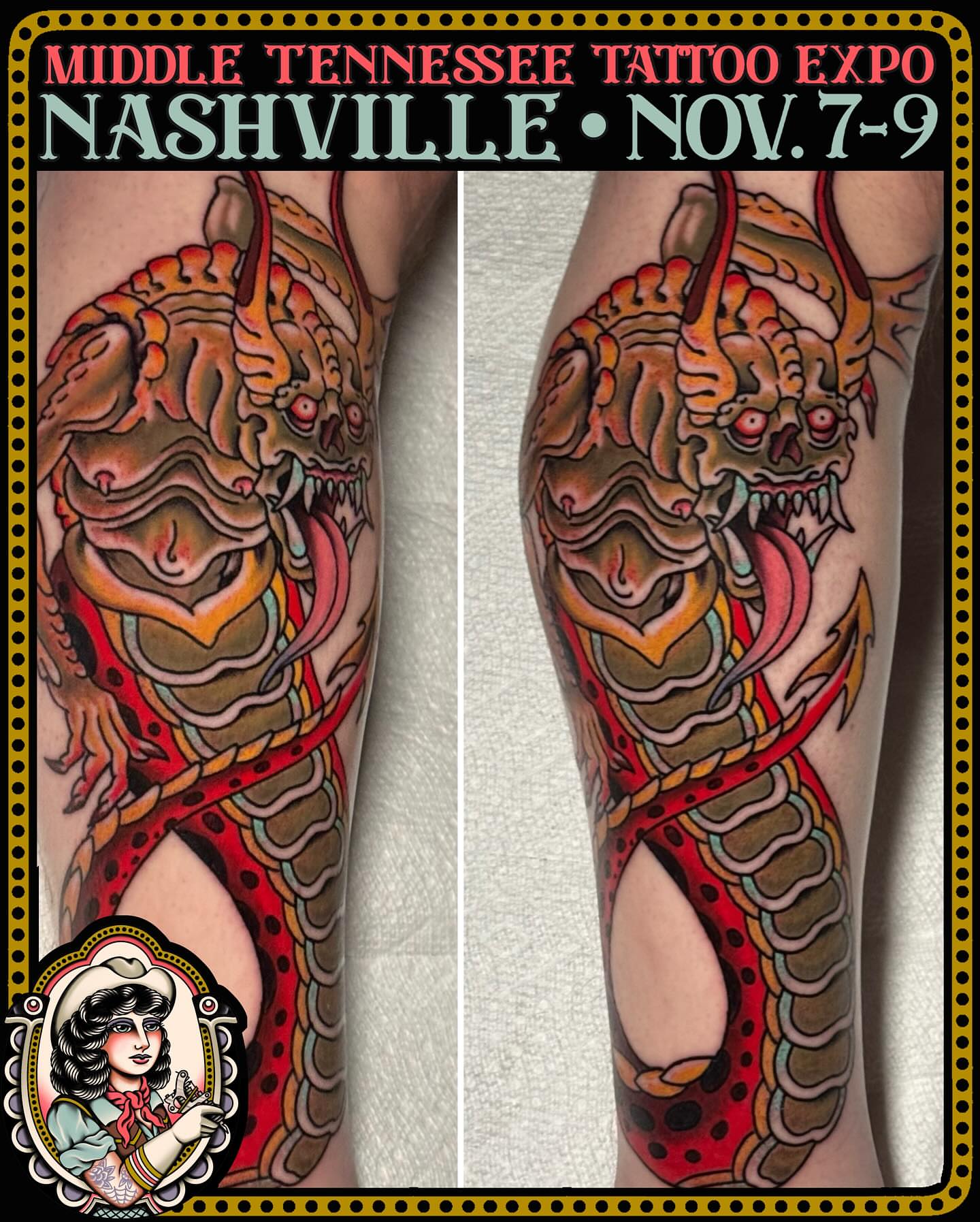 Demon mask American traditional tattoo on the forearm by David Gottschalk