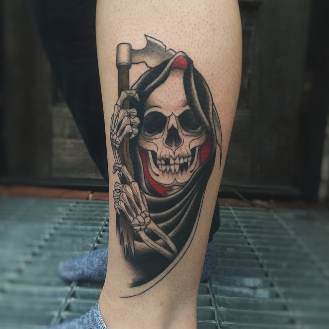 Grim reaper dark realism tattoo on the forearm by Alicia