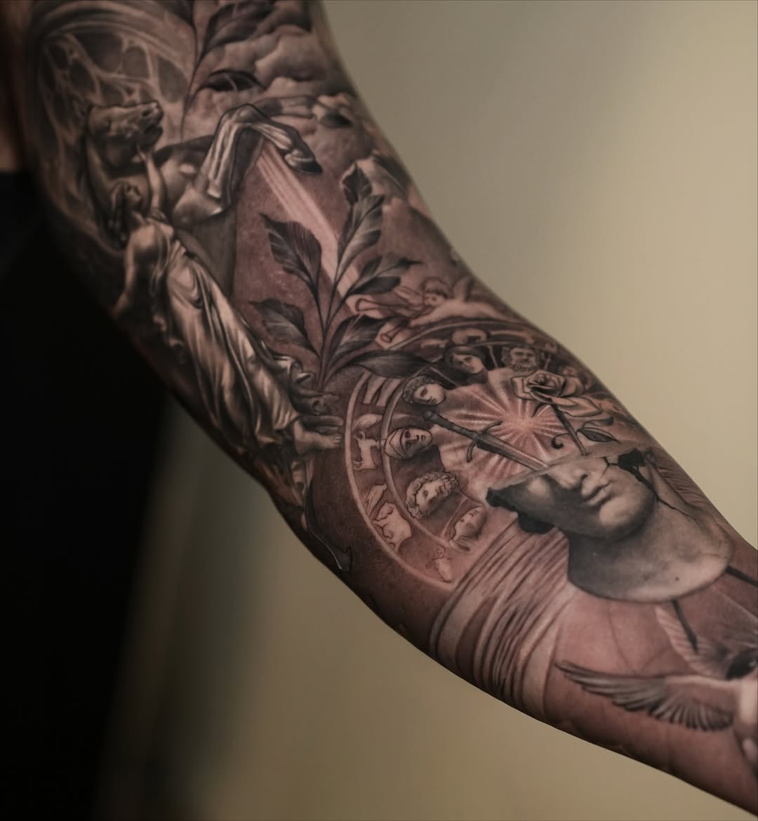 Classical sculpture and celestial elements realism tattoo on the forearm by J O S S I e L P I N e D A