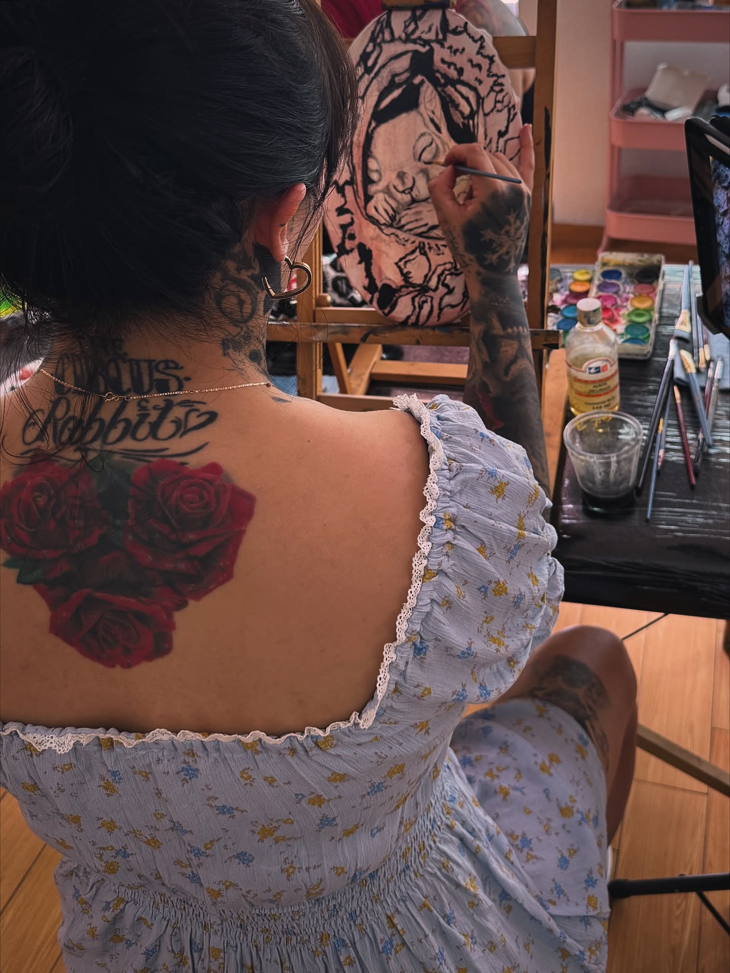 Roses American traditional tattoo on the back by Mishel Castro