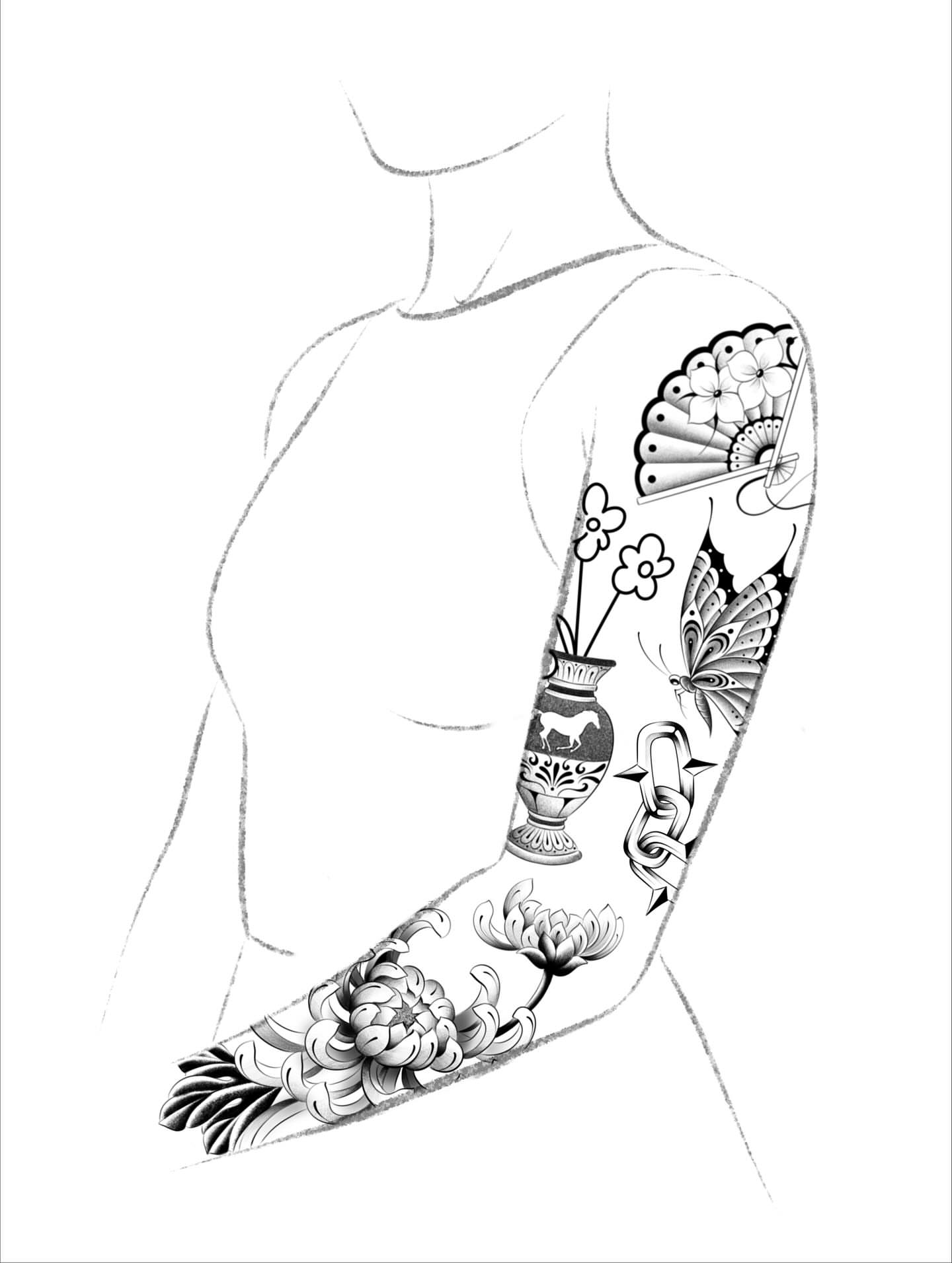 Floral arrangement black and grey tattoo on the upper arm by christian martinez