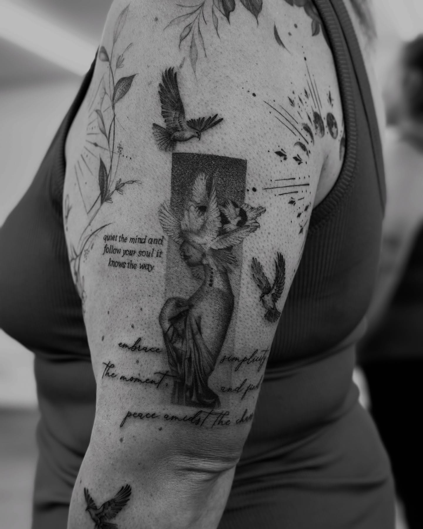 Bird and woman dotwork tattoo on the shoulder by X