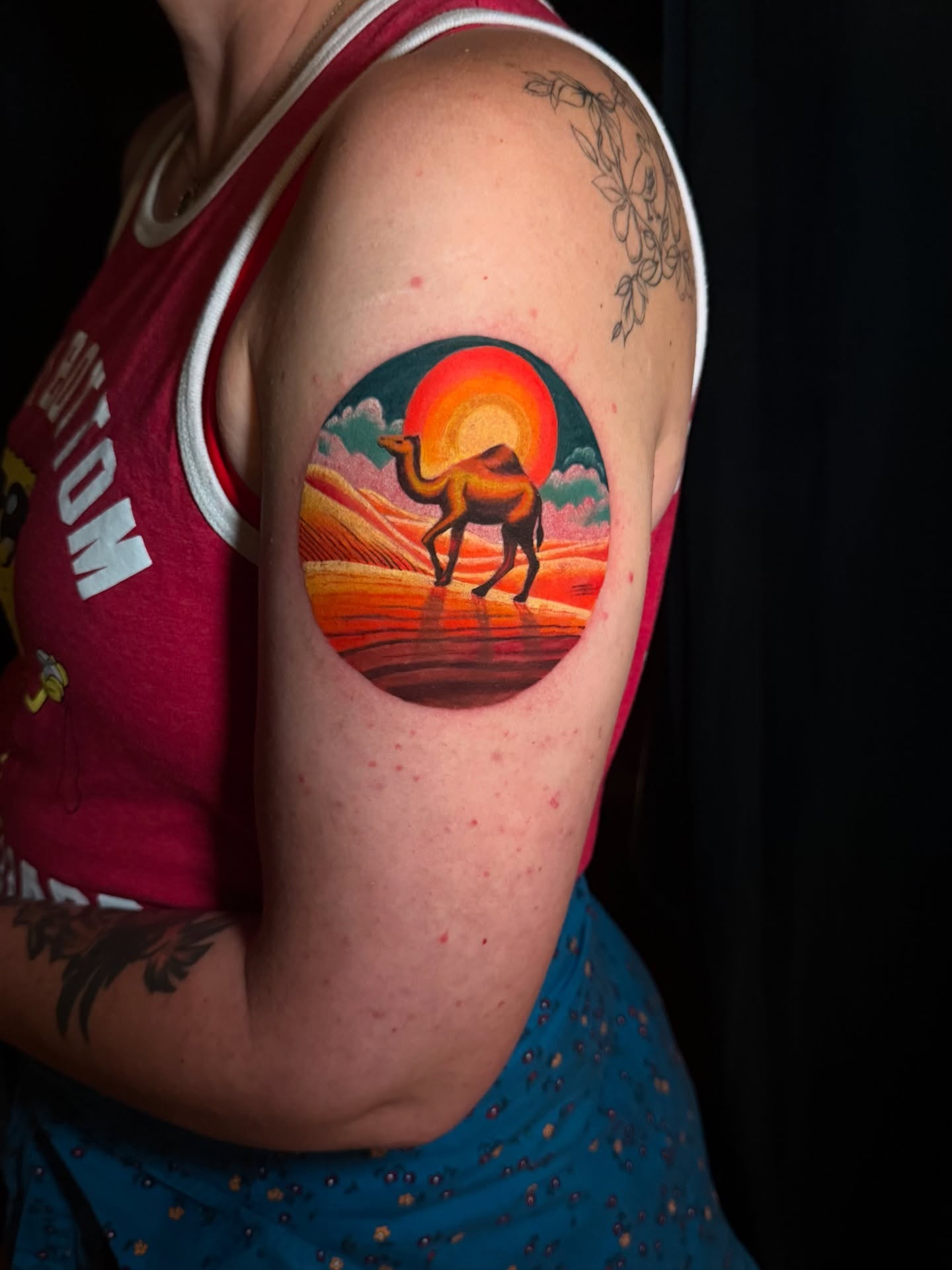 Desert sunset realism tattoo on the shoulder by Ksu Storm, San Francisco, California
