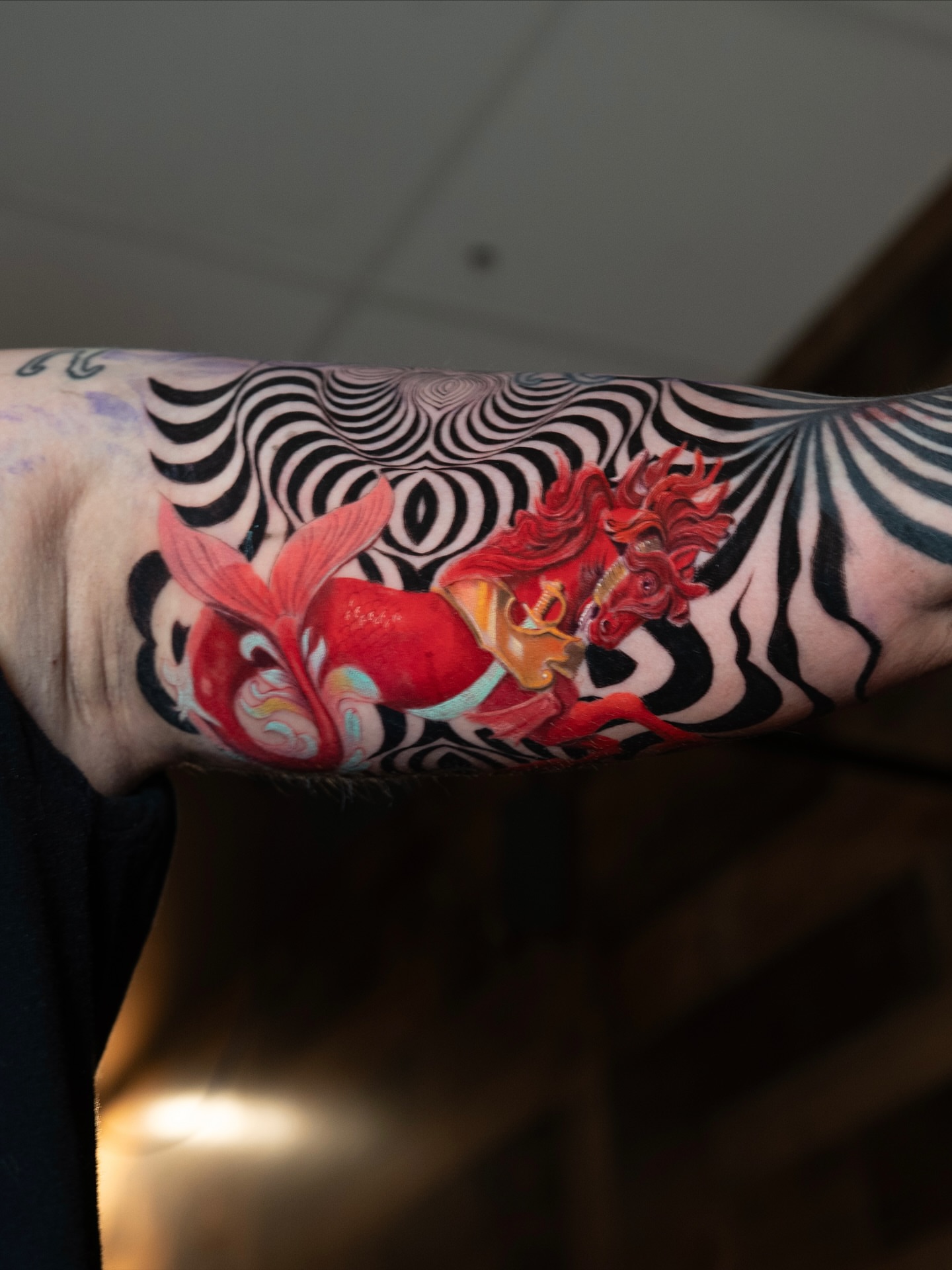 Koi fish and dragon new school tattoo on the forearm by Davier Del Castillo