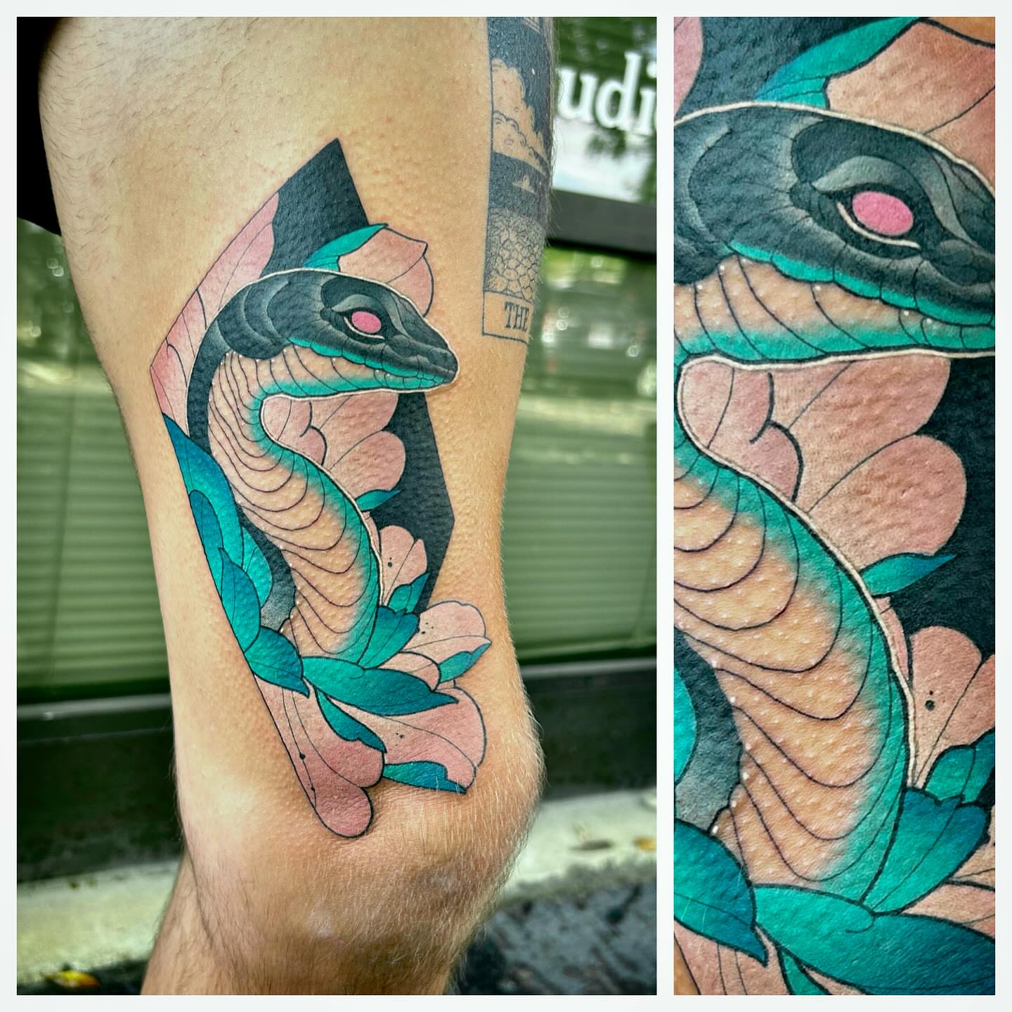 Snake and peony geometric tattoo on the forearm by Steve Hooker