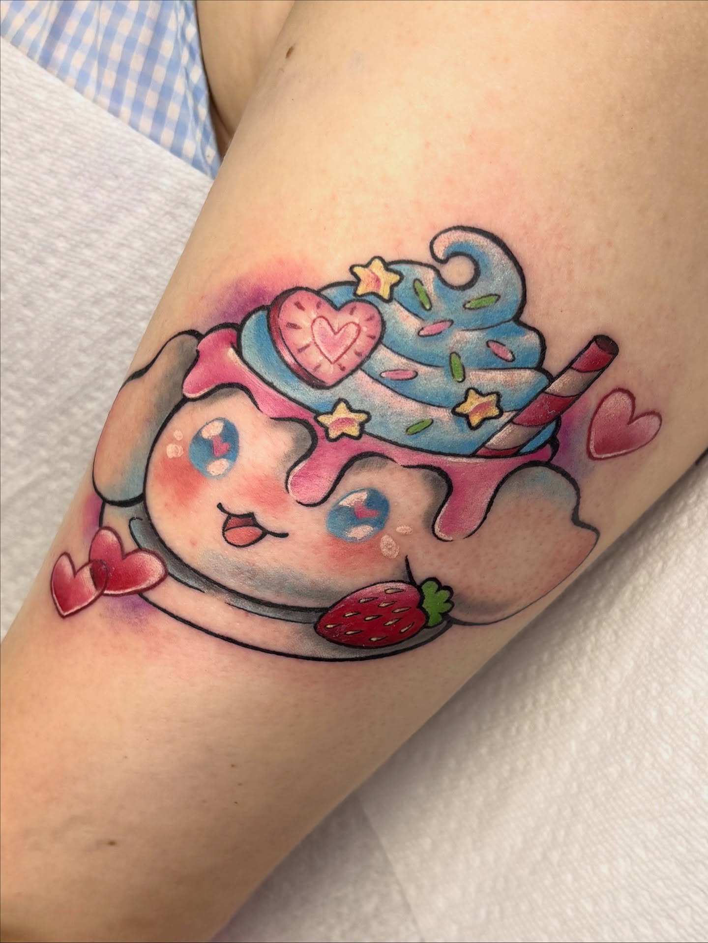 Ice cream character new school tattoo on the forearm by Lilac Rose