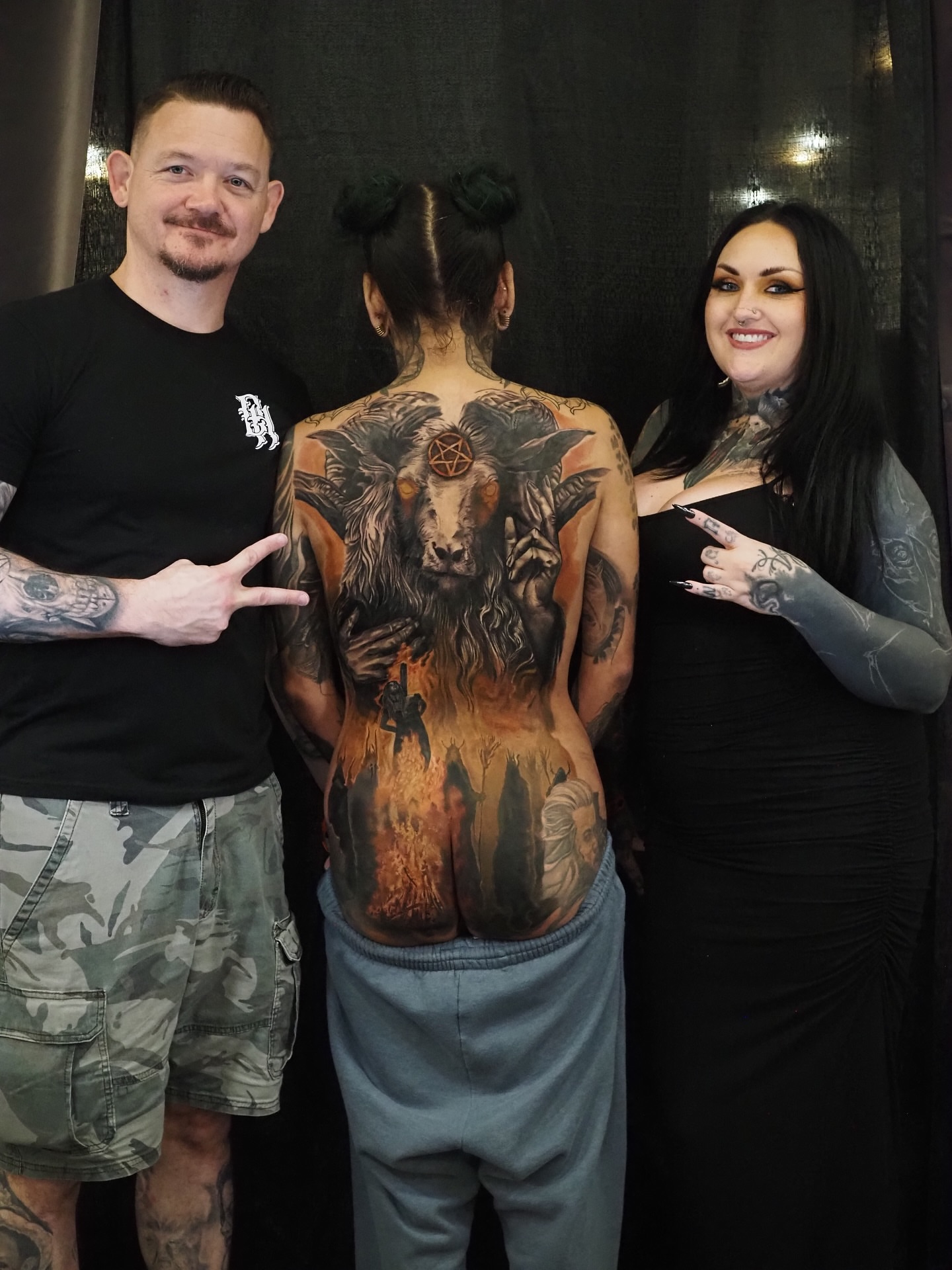 Goat-like creature dark realism tattoo on the back by Dave James