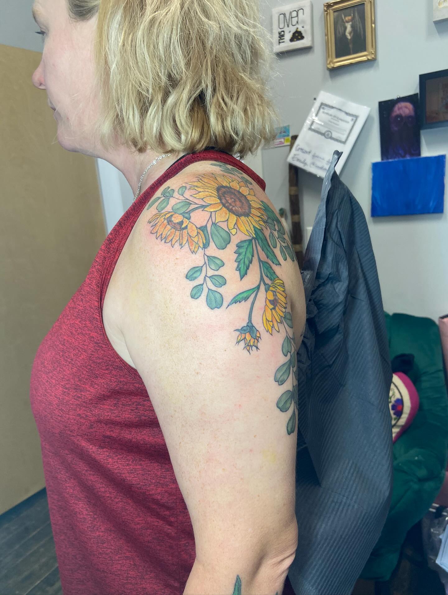 Sunflower bouquet realism tattoo on the shoulder by Dont Worry About It
