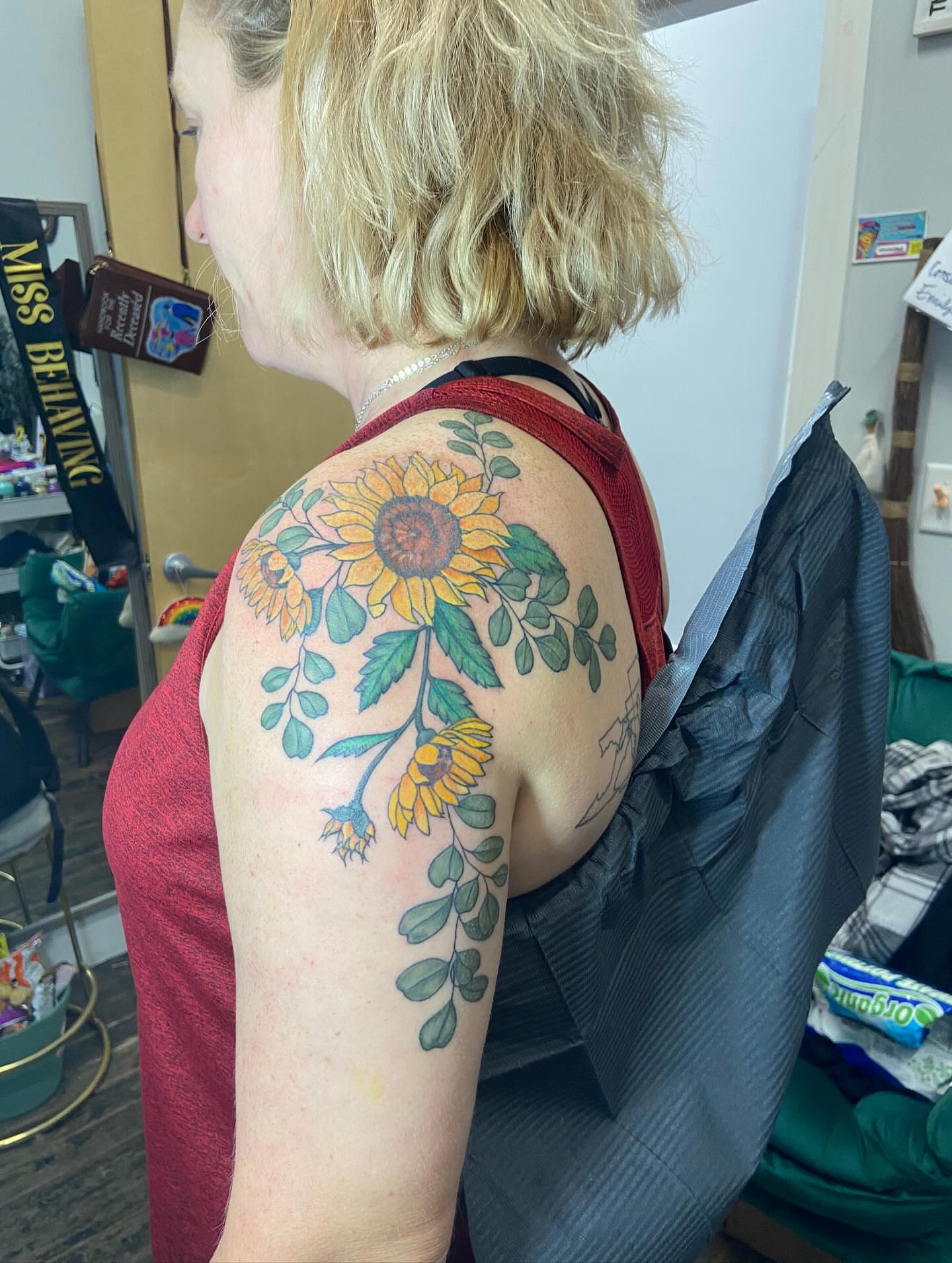 Sunflowers new school tattoo on the shoulder by Dont Worry About It
