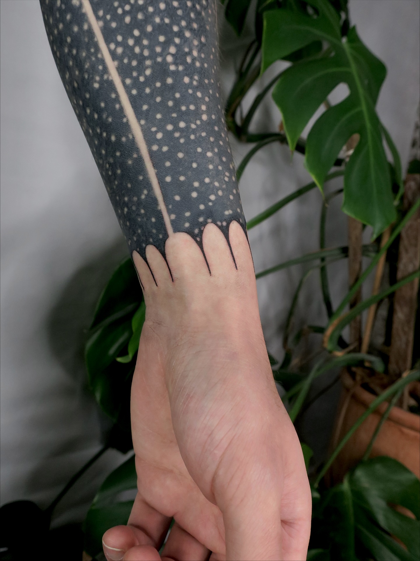 Whale shark dotwork tattoo on the forearm by Olivia