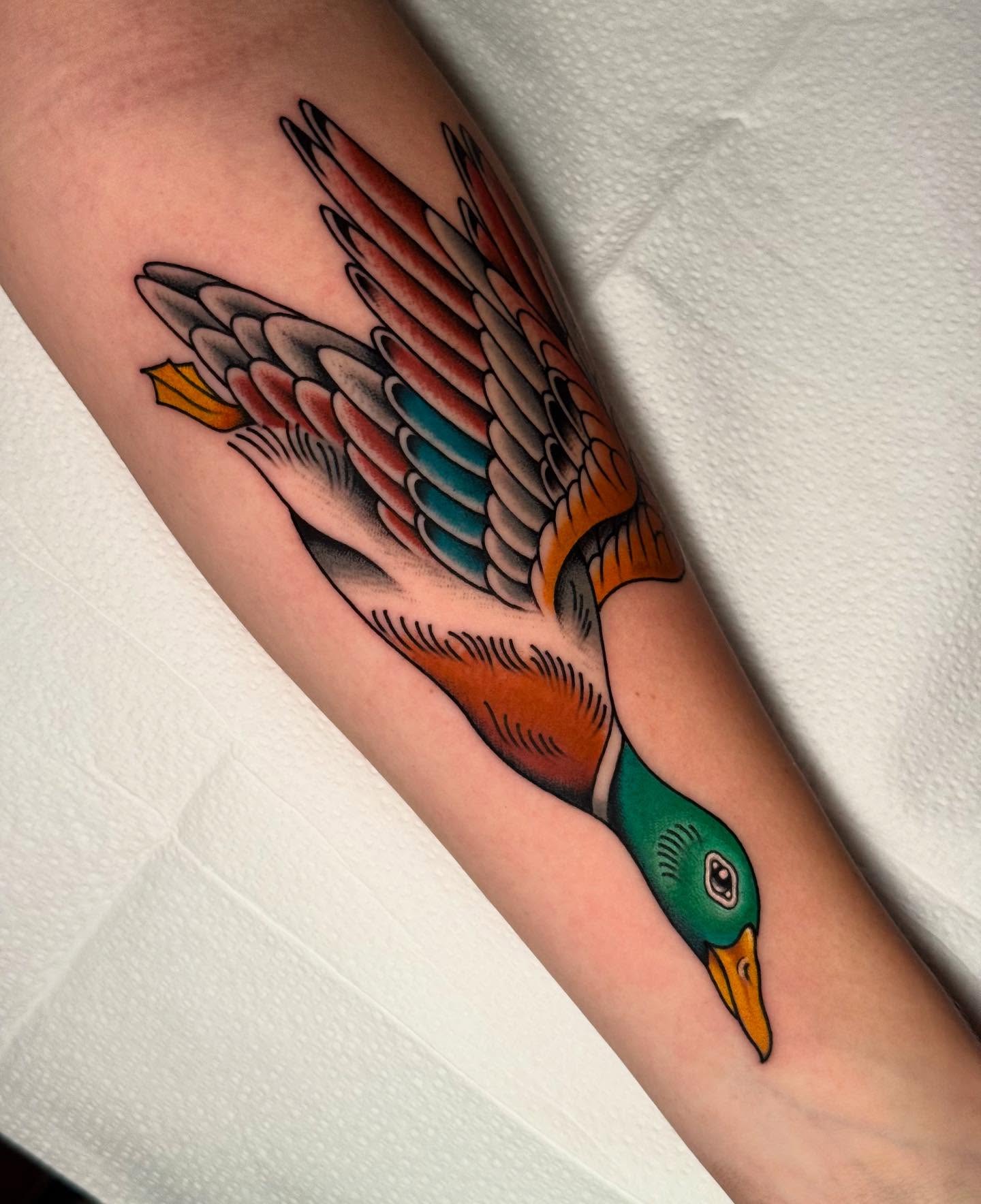 Duck American traditional tattoo on the forearm by Chelstine, Encinitas, California